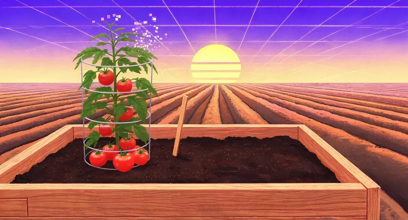A painted raised wooden garden bed at the peak of summer — a tall tomato plant heavy with ripe red tomatoes, cultivated crop rows running to the horizon under a smooth gold-to-violet gradient sky