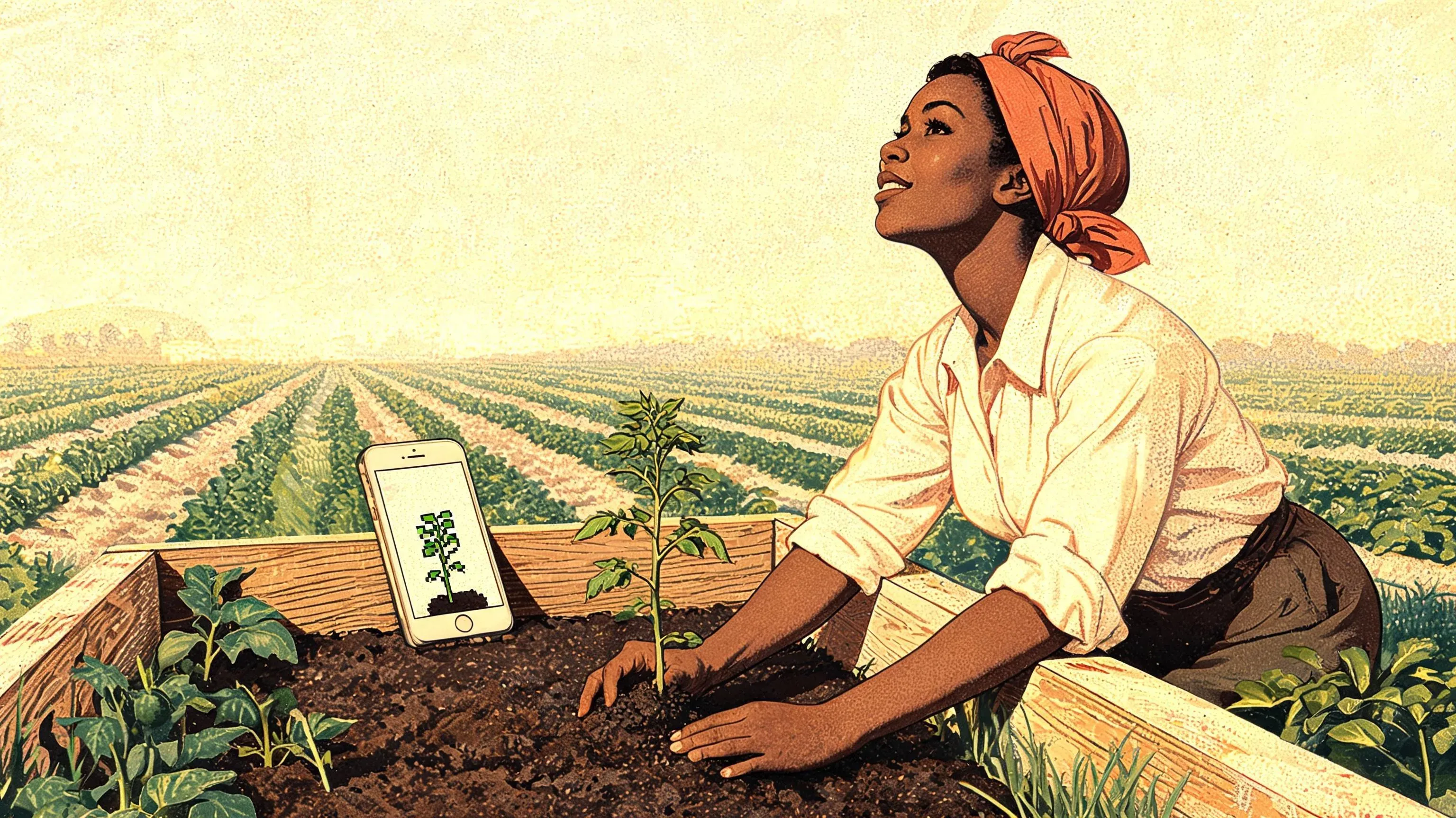 Vintage magazine-ad style painting: a woman plants a tomato seedling in a raised bed before morning field rows, a phone propped beside her showing the seedling as pixel art