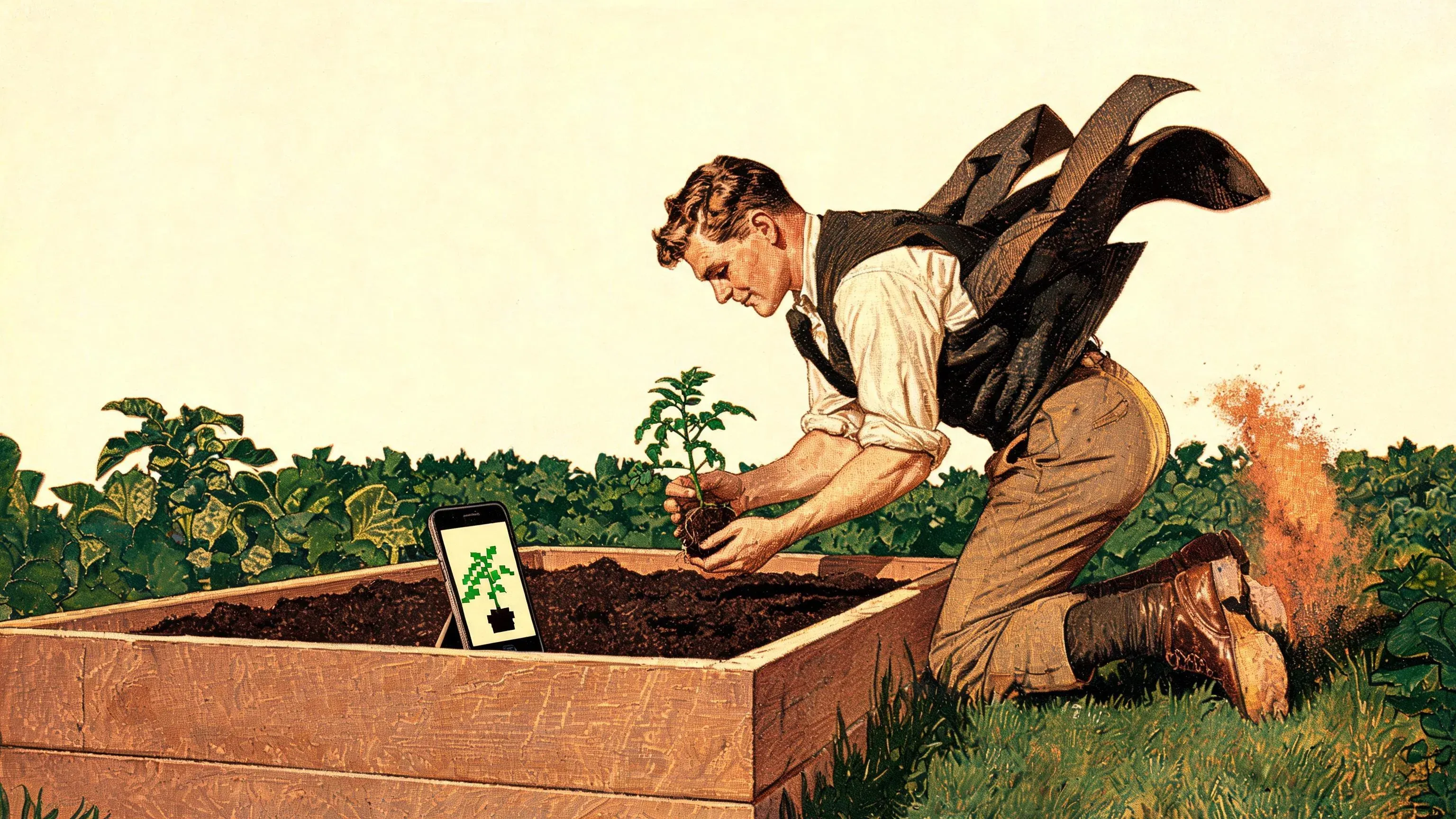 Vintage magazine-ad style painting: a gardener lunges to set a tomato seedling into a raised bed, coat flaring like a cape, dramatic side light