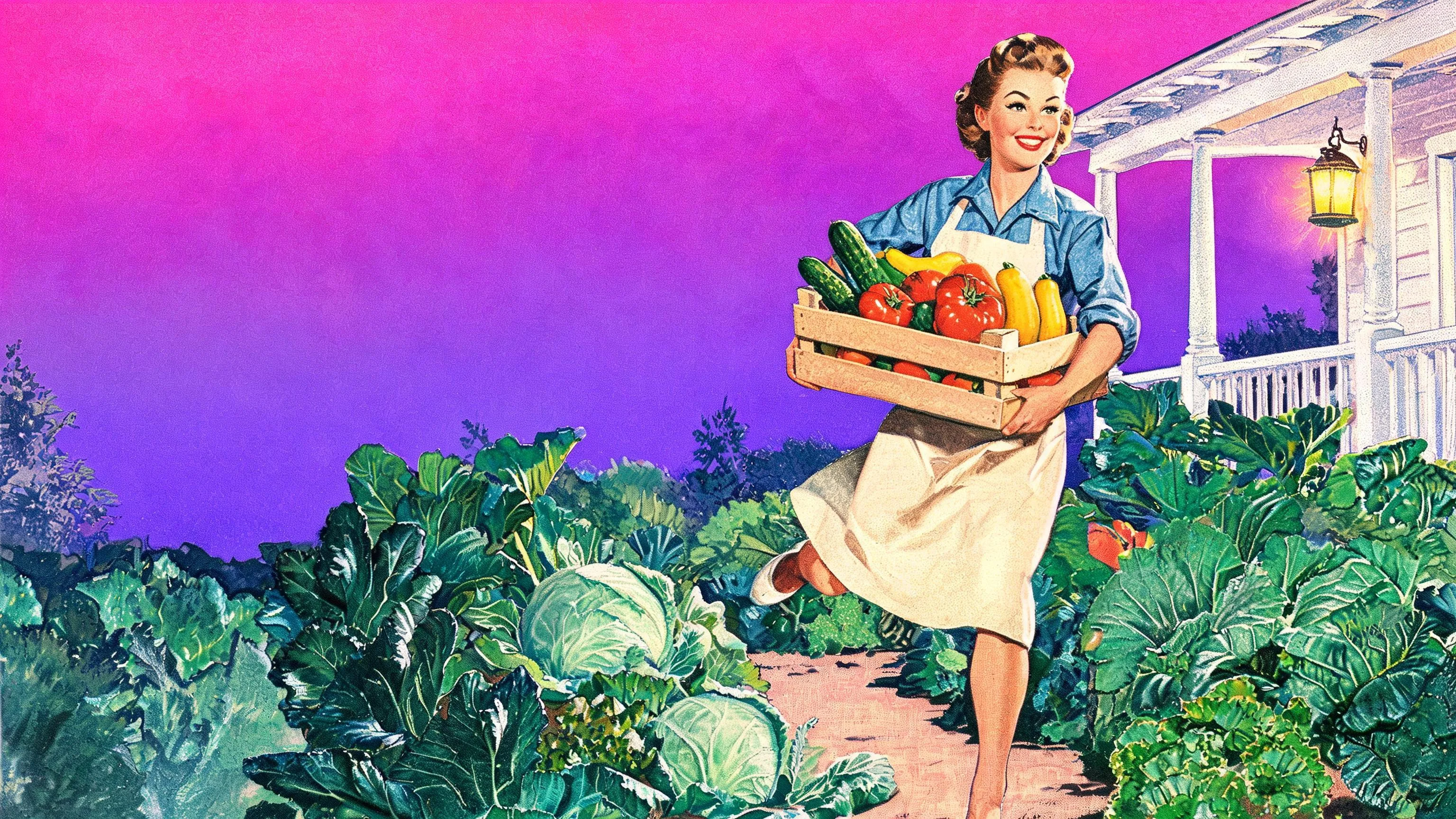A painted 1950s gardener carries an overflowing harvest crate up the garden path at dusk, porch lantern glowing against a saturated magenta-violet sky