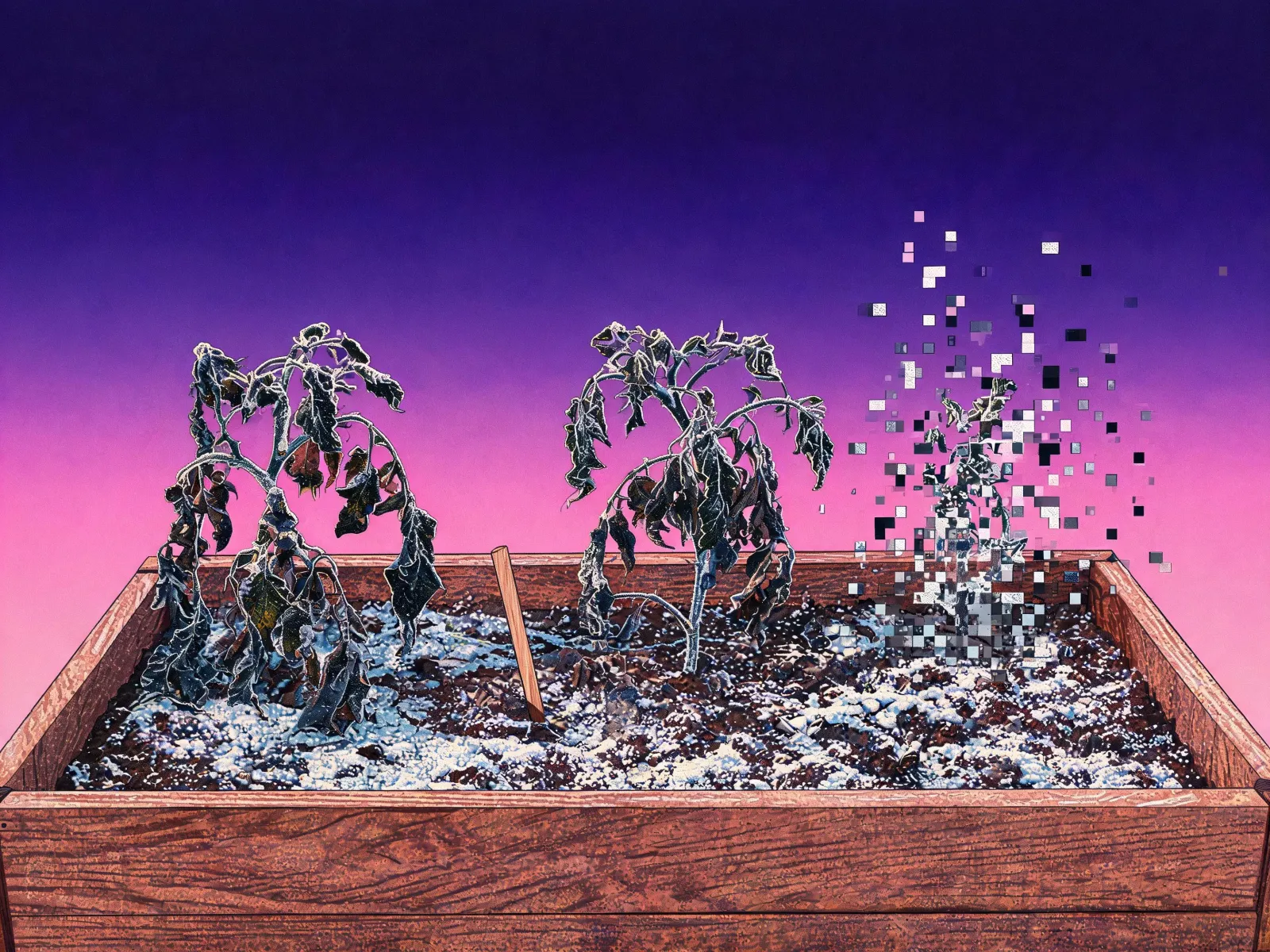 A painted raised bed of frost-killed tomato plants slumped in the soil under a saturated violet-to-magenta dawn, the rightmost plant breaking apart into drifting pixels — a garden lost to a frost no one saw coming