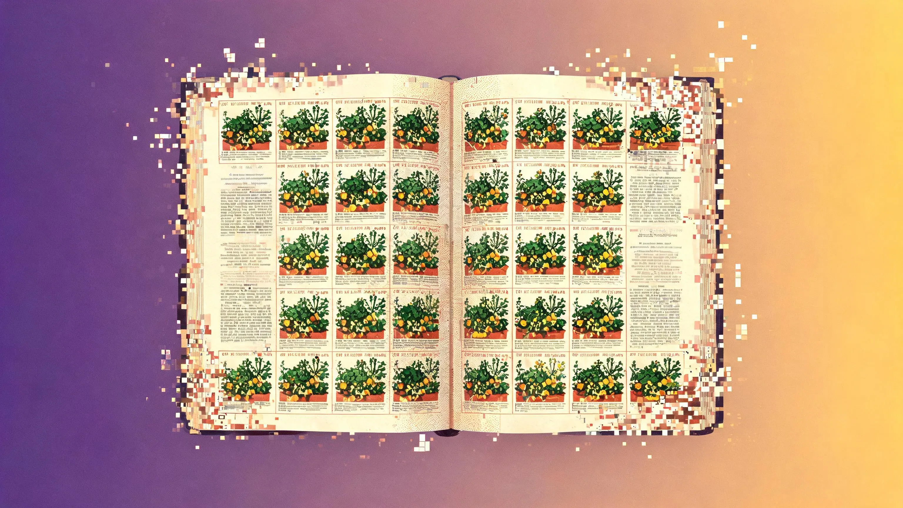 An open almanac whose pages repeat the same cookie-cutter garden over and over — one-size-fits-all advice that cannot see your beds