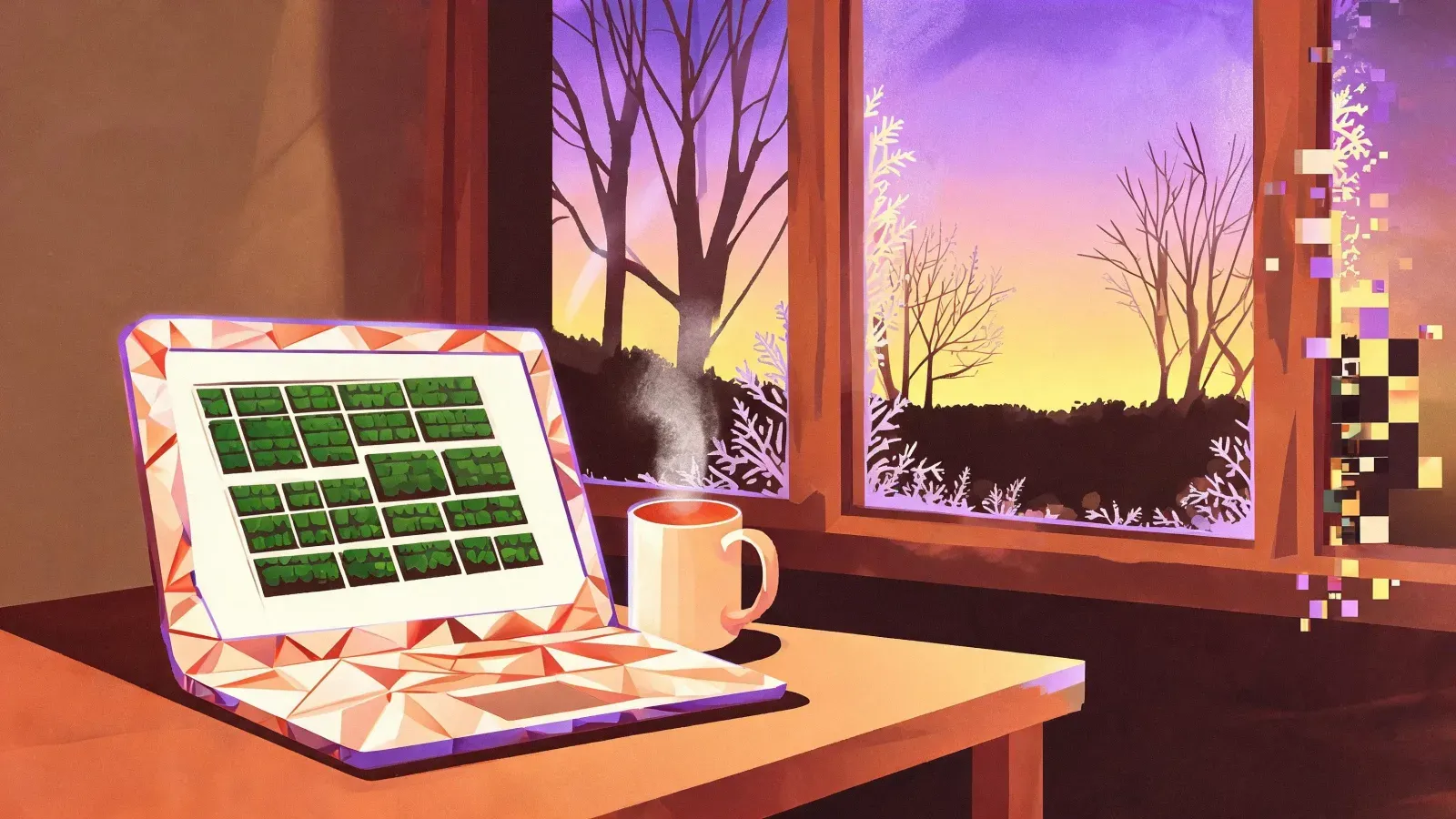 A laptop on a cold winter desk showing a rigid grid garden plan, a steaming mug, snow out the window — planning divorced from the living garden