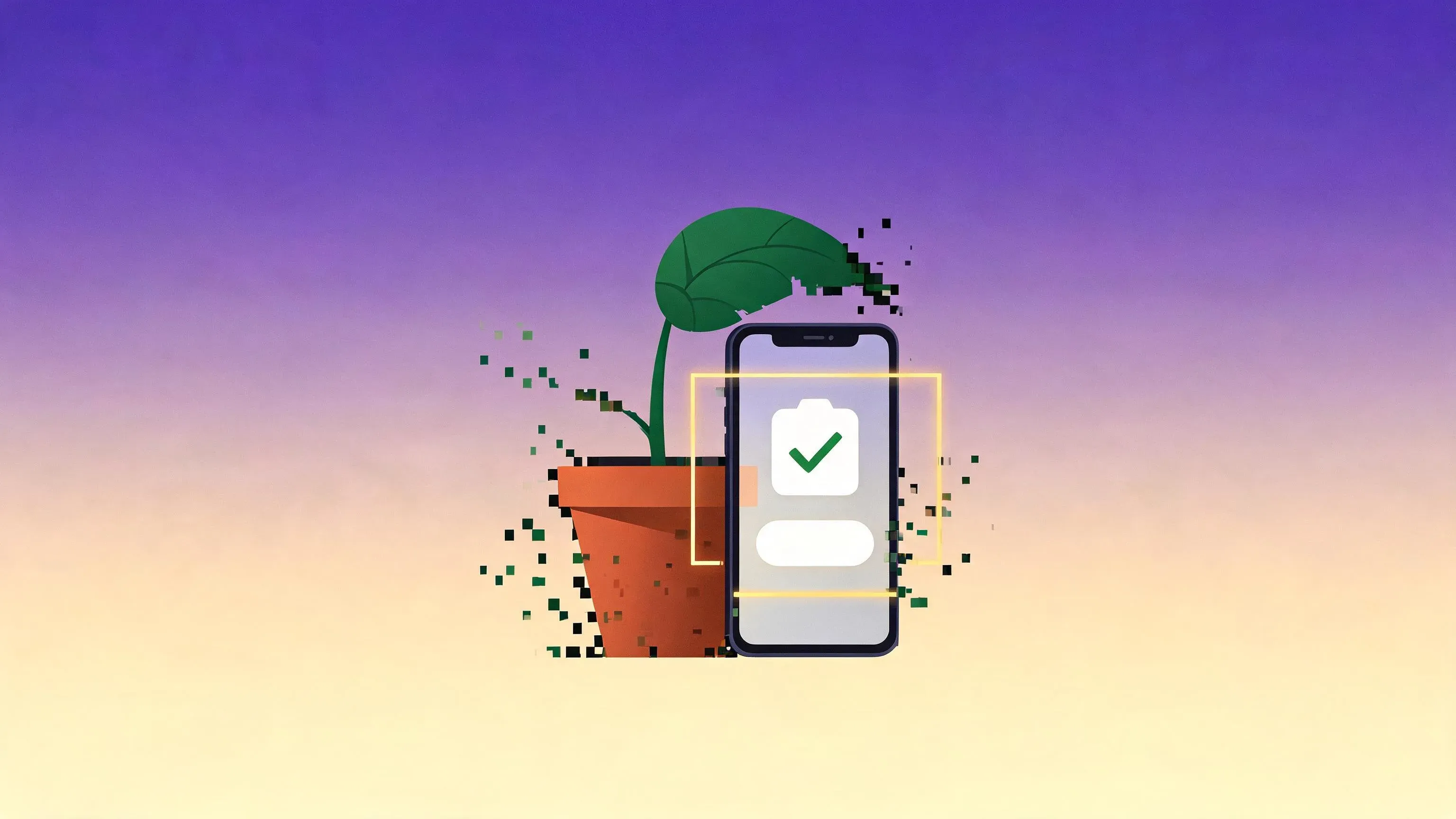 A single potted plant beside a phone showing a one-tap plant-ID result and nothing else — a name with no record of the bed around it