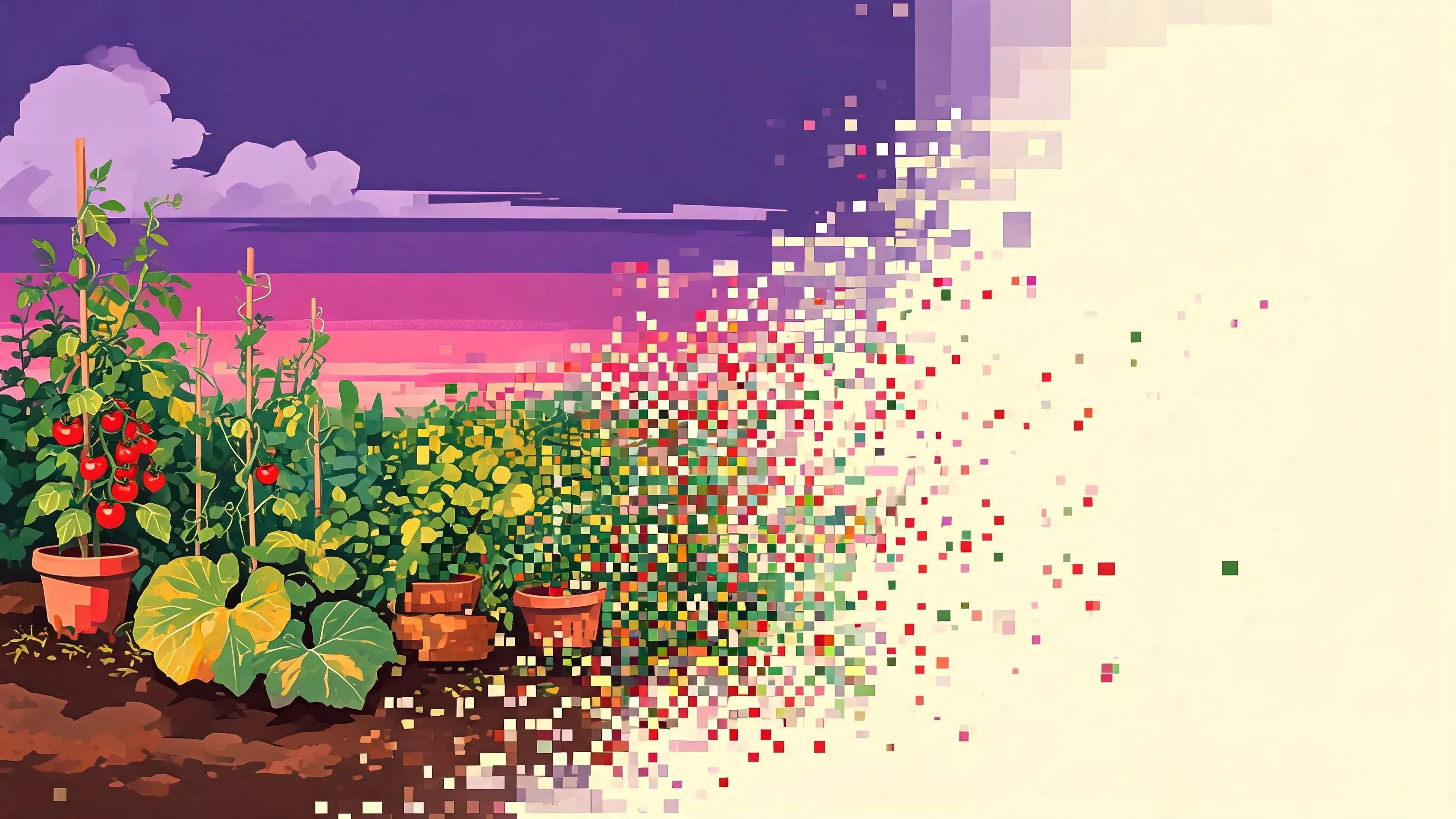 A painted garden under violet dusk, whole on the left and progressively dissolving into drifting pixels toward the right — memory fading
