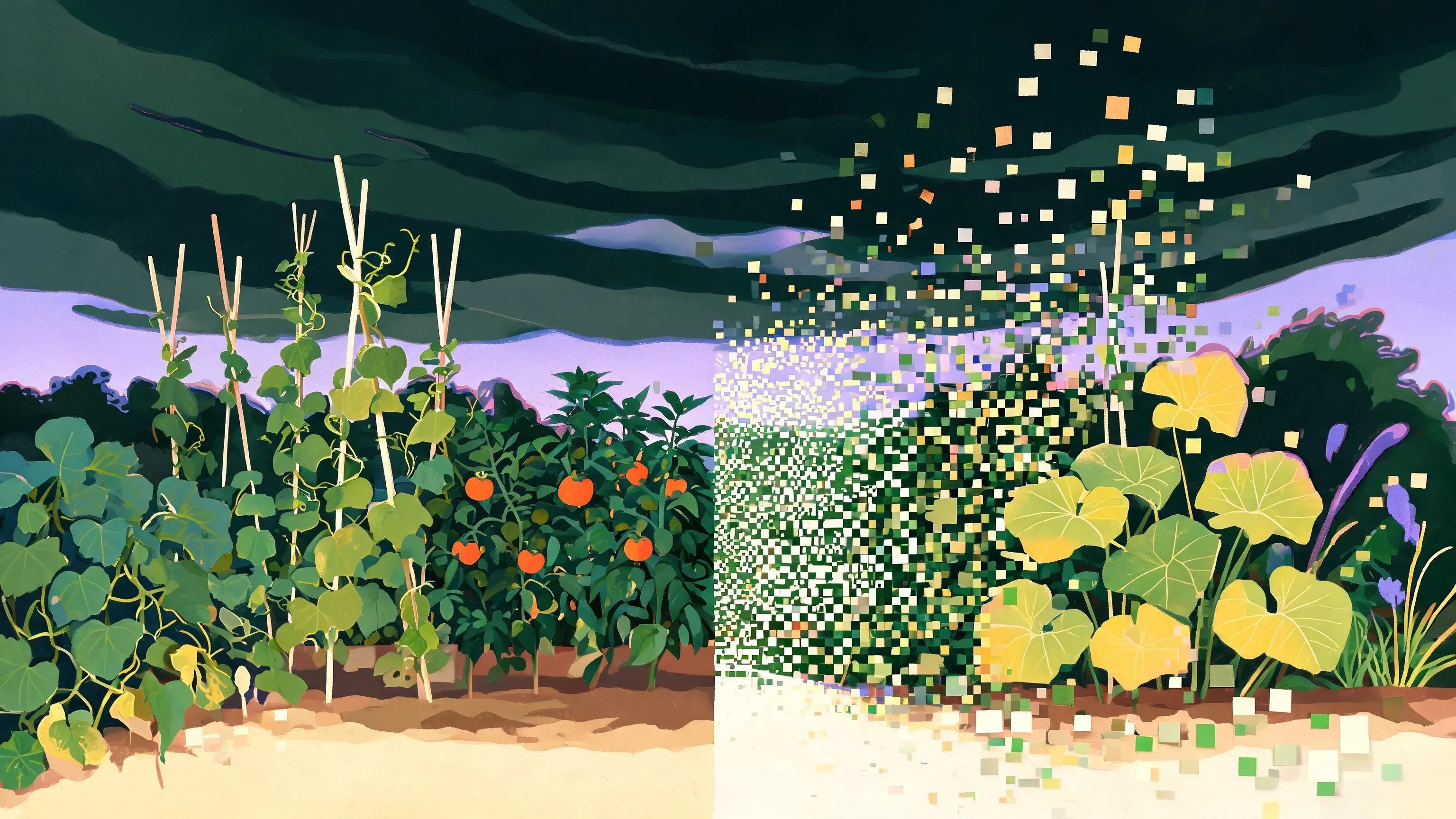 Gouache-painted garden under storm light, half the beds erased into drifting pixels on the wind