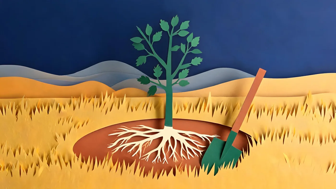 A young bare-root apple tree in a planting hole with a spade beside it, in dry midsummer grass