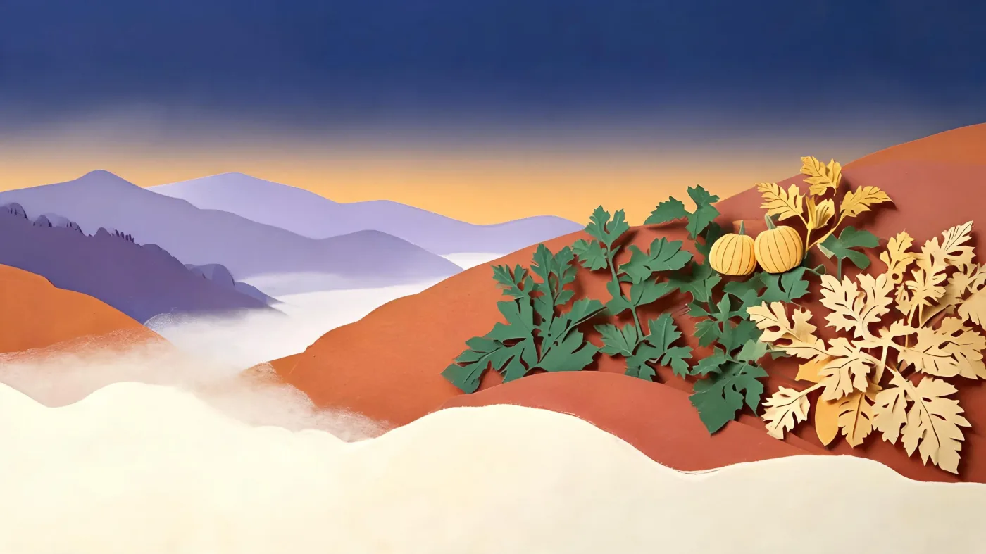 A garden on a hillside above a valley, with cold fog pooled in the low ground below it at dawn