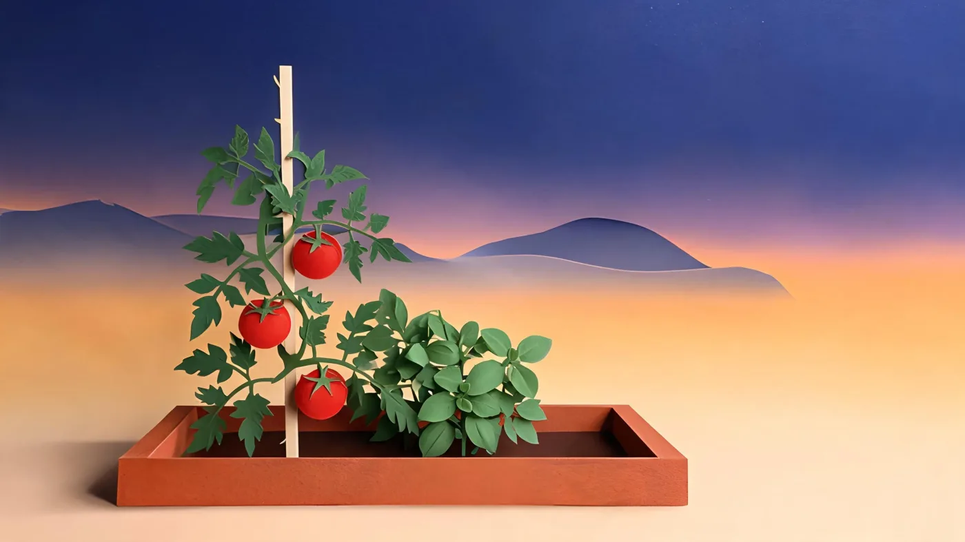 A staked tomato plant with ripe red fruit and basil growing beside it in a raised bed