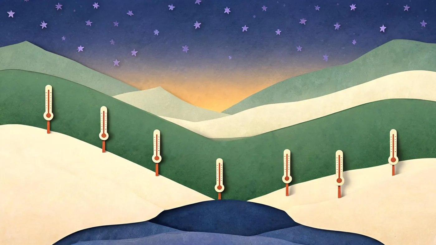 Thermometers on posts set across a sloping valley at night, with cold air pooled in the hollow