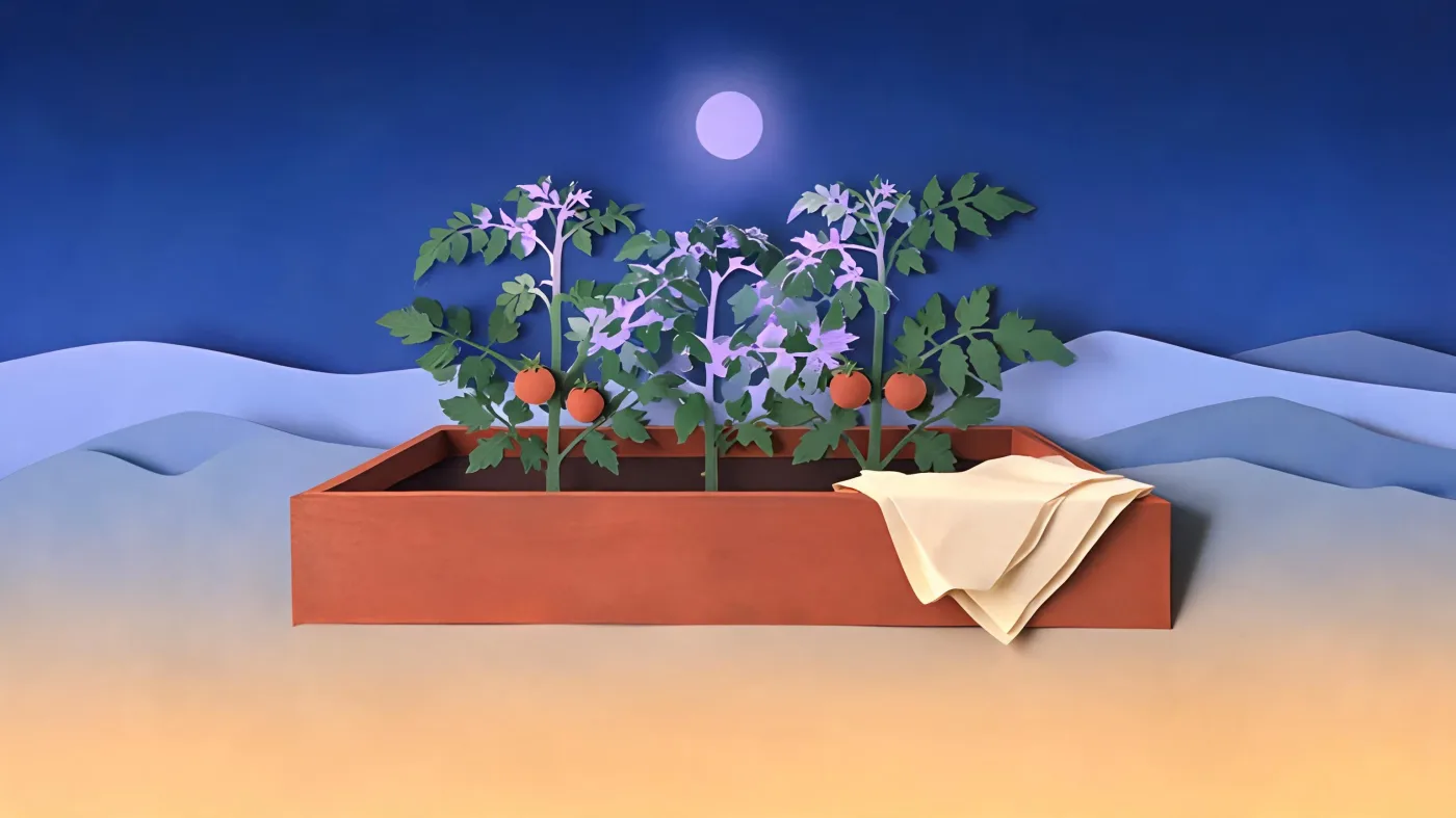 Tomato plants in a raised bed on a frosty moonlit night, with a folded sheet left unused on the bed's edge