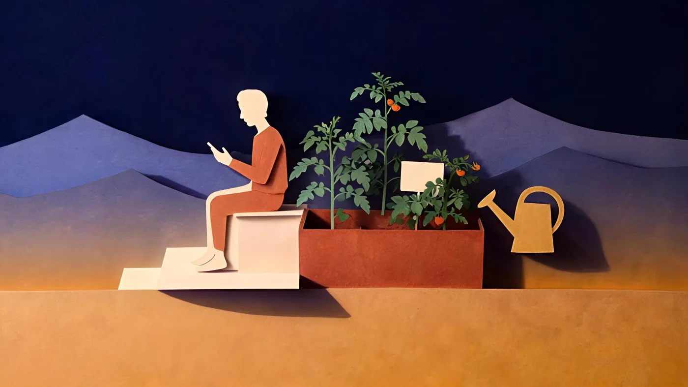 A gardener sitting on a step beside a raised bed at dusk, looking at a phone, with a watering can nearby