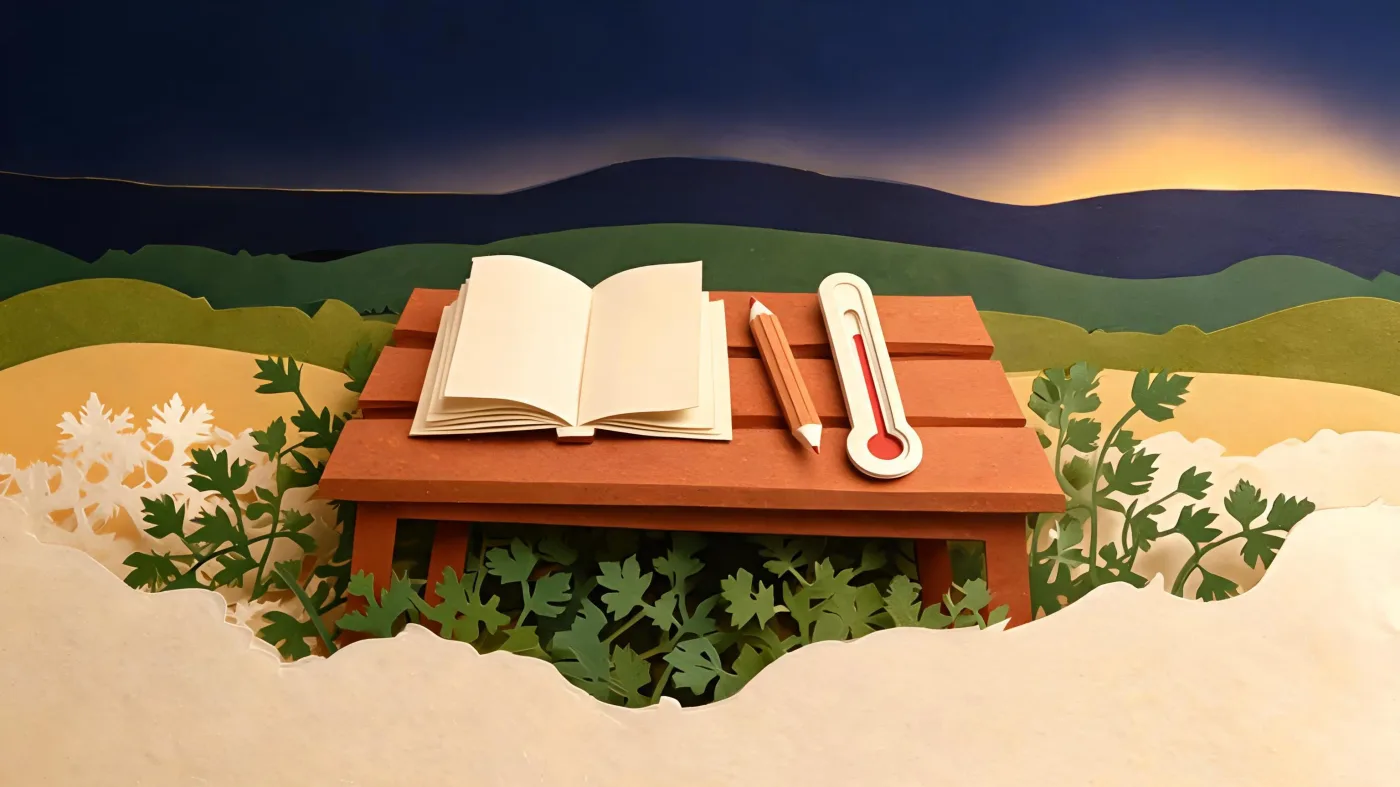 A notebook, pencil and thermometer on a wooden garden table, with a valley beyond at dusk
