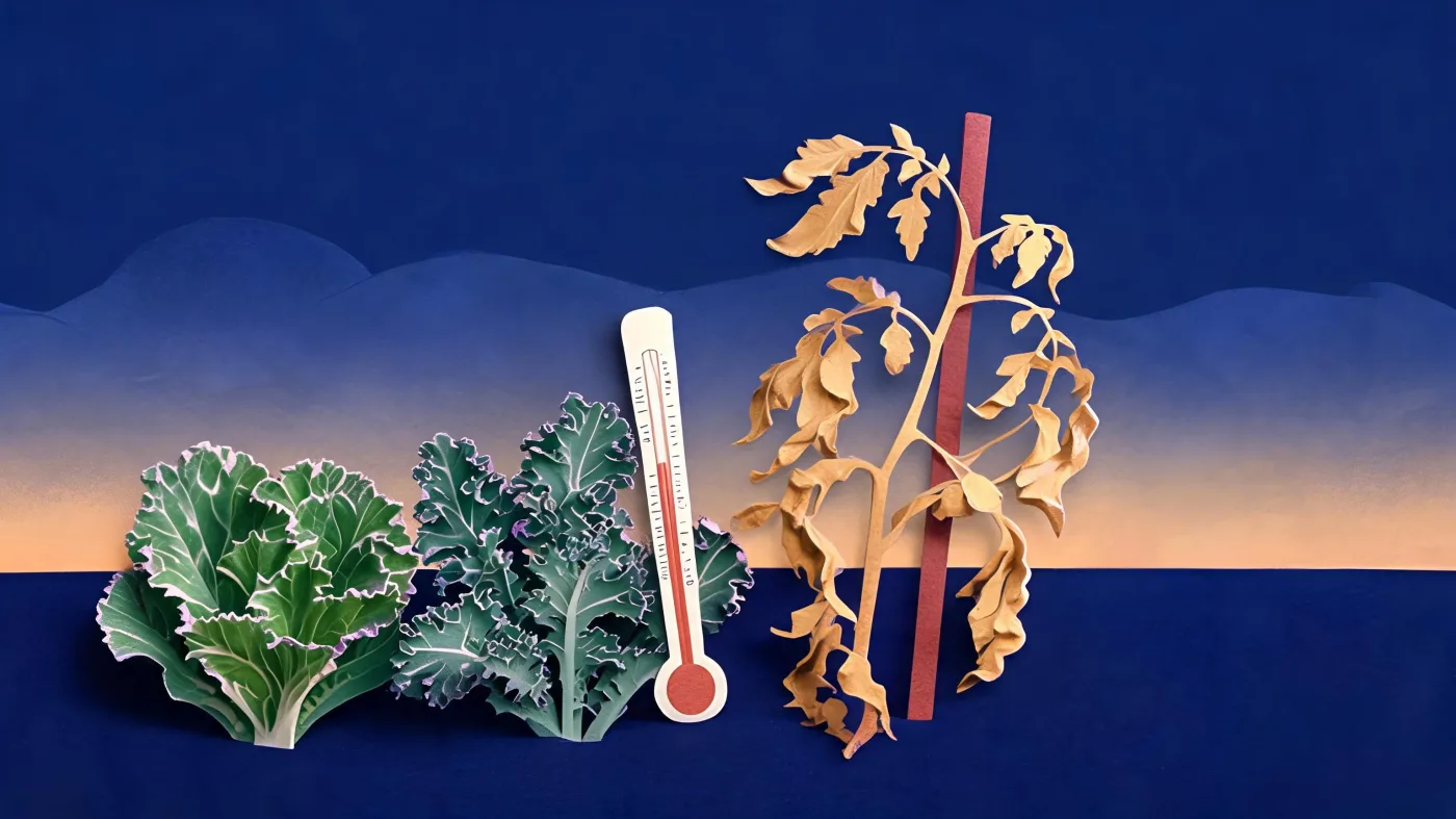 A garden thermometer among frosted lettuce and kale beside a wilted tomato plant on a cold night