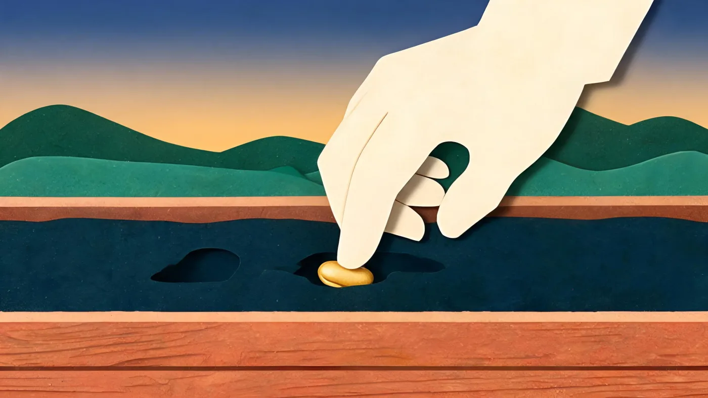 A fingertip pressing a bean seed into dark soil in a raised bed