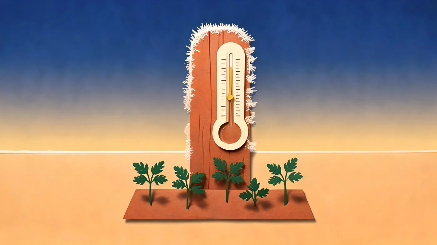 A garden thermometer on a fence post just at freezing, above a row of young seedlings