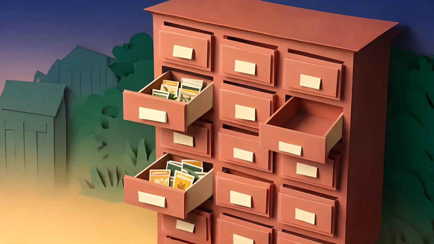 A wooden seed cabinet with its drawers pulled out, most full of seed packets and a few empty