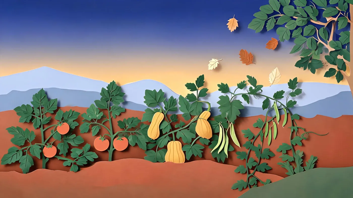 A late-summer vegetable garden of tomatoes, squash and beans, with the first autumn leaves falling