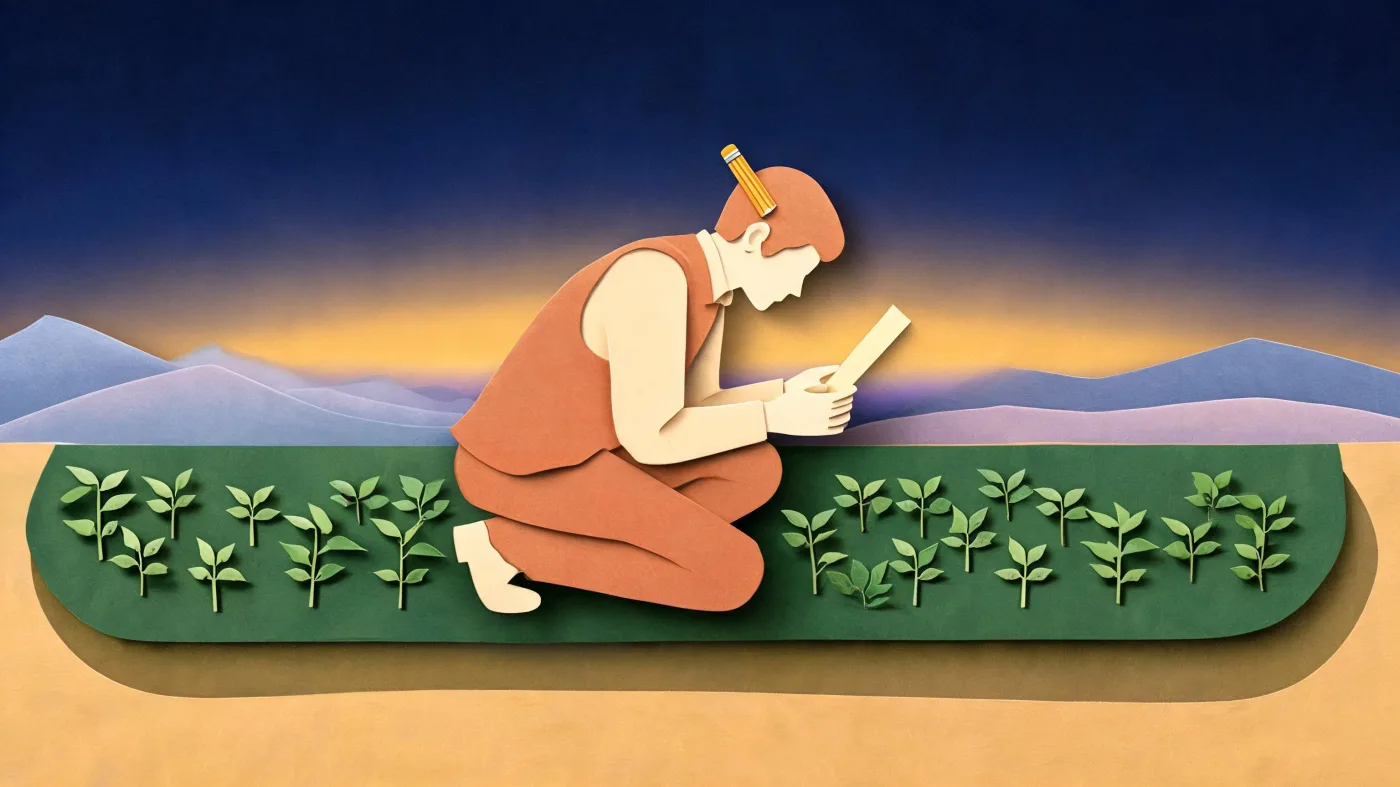 A gardener kneeling by a row of young seedlings, reading a seed packet closely
