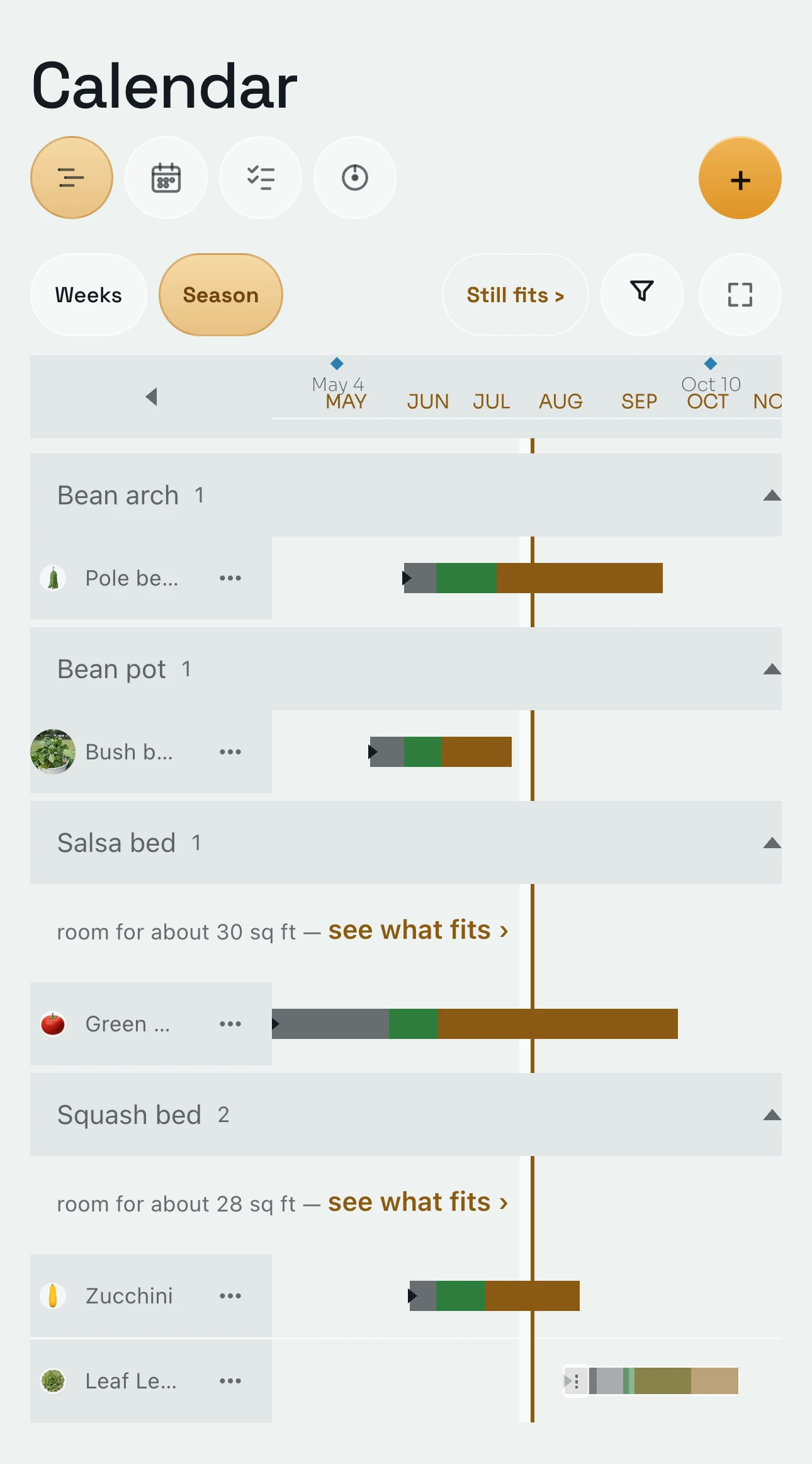 The Calendar’s Season view: the bean arch, bean pot, salsa bed and squash bed, each plant as a bar across the season, the planned lettuce dashed, with the last and first frost marked and the room left under two beds