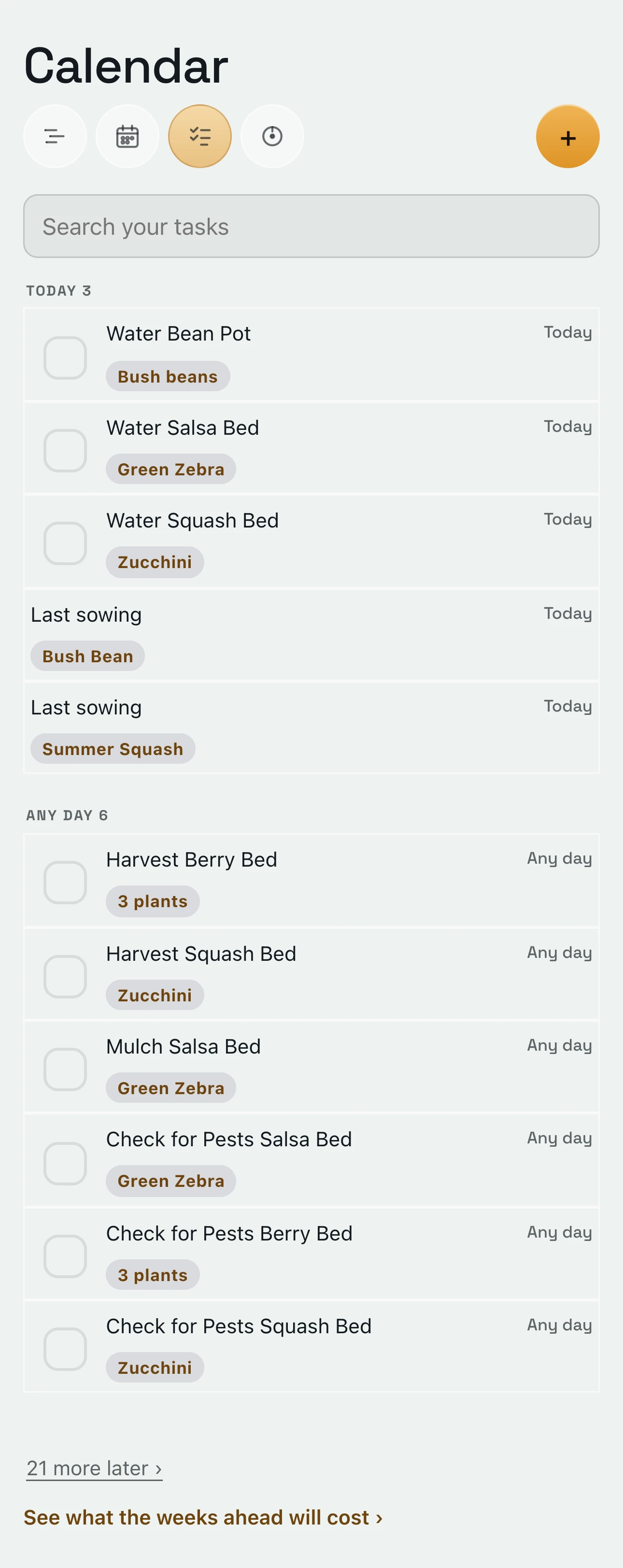 Tasks: today’s watering for three beds and two last sowings, then the jobs for any day, like harvesting the berry bed and checking for pests