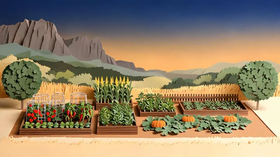 The painted cover of a garden plan: raised beds under mountains