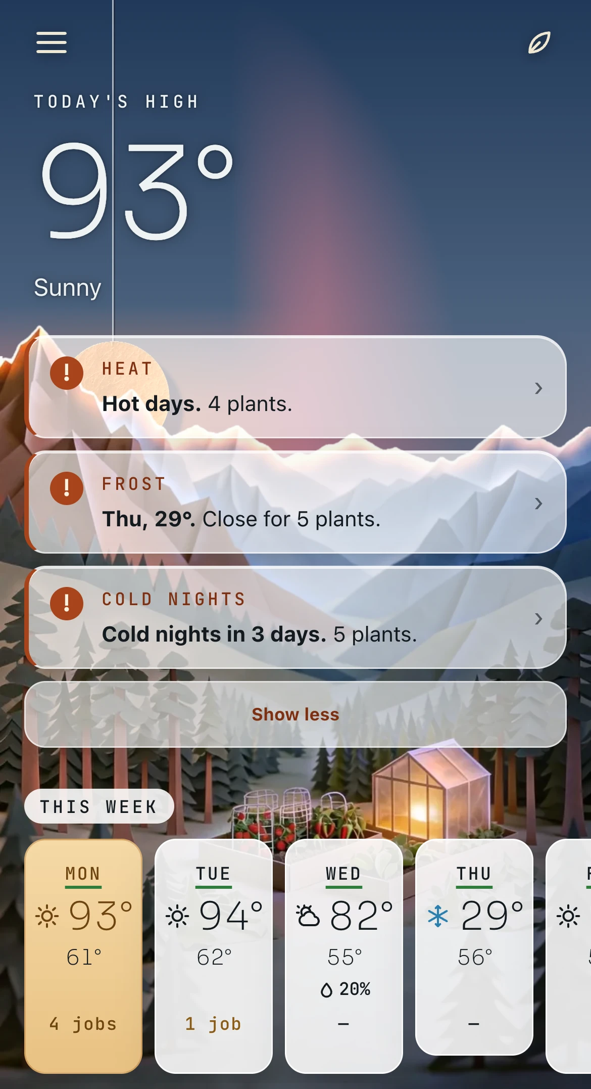Today on a September Monday: a heat warning, a frost warning for Thursday at 29°F, a cold-nights warning, and the week ahead