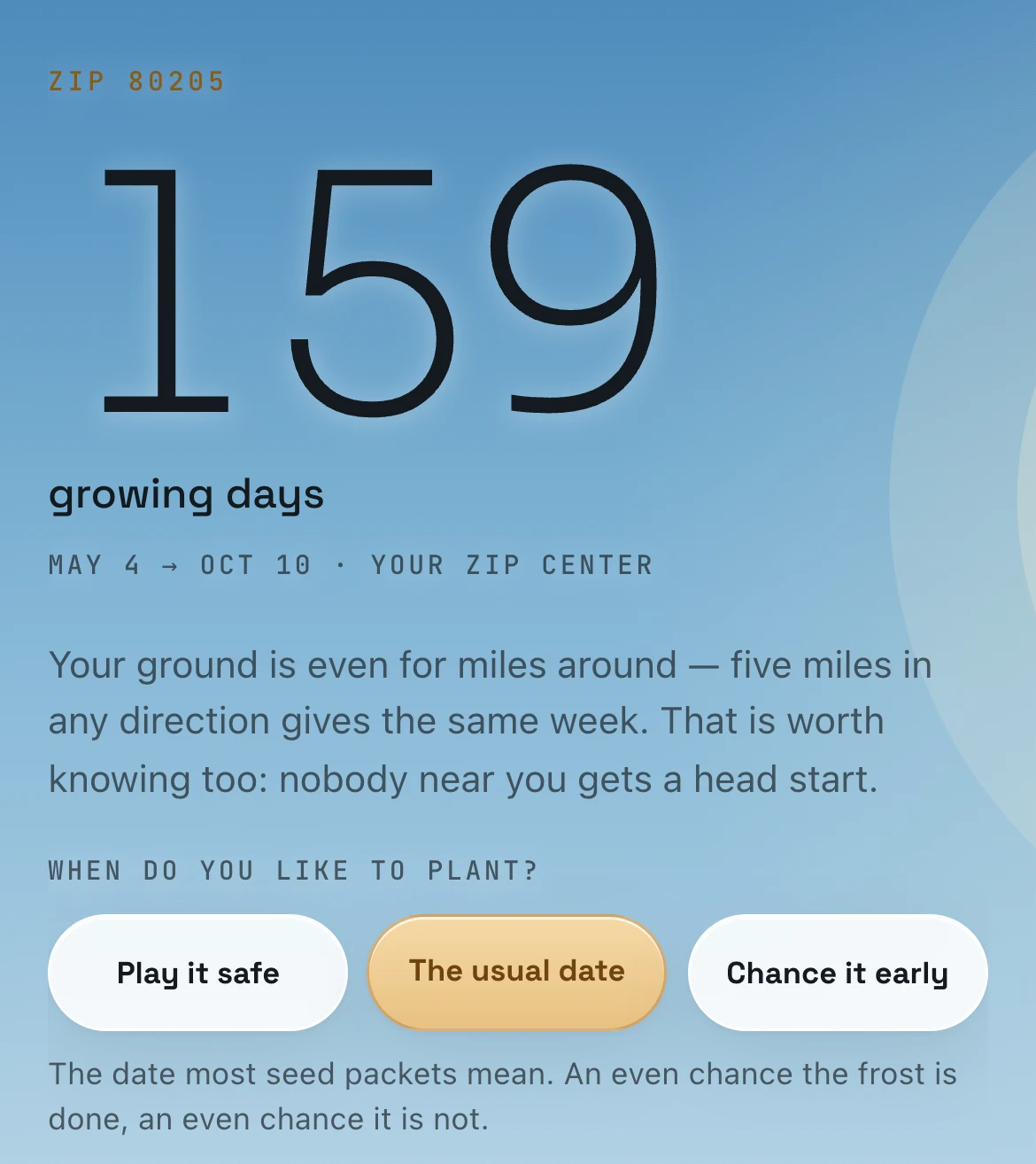 Setting up in Denver: 159 growing days, May 4 to October 10, and the question When do you like to plant?