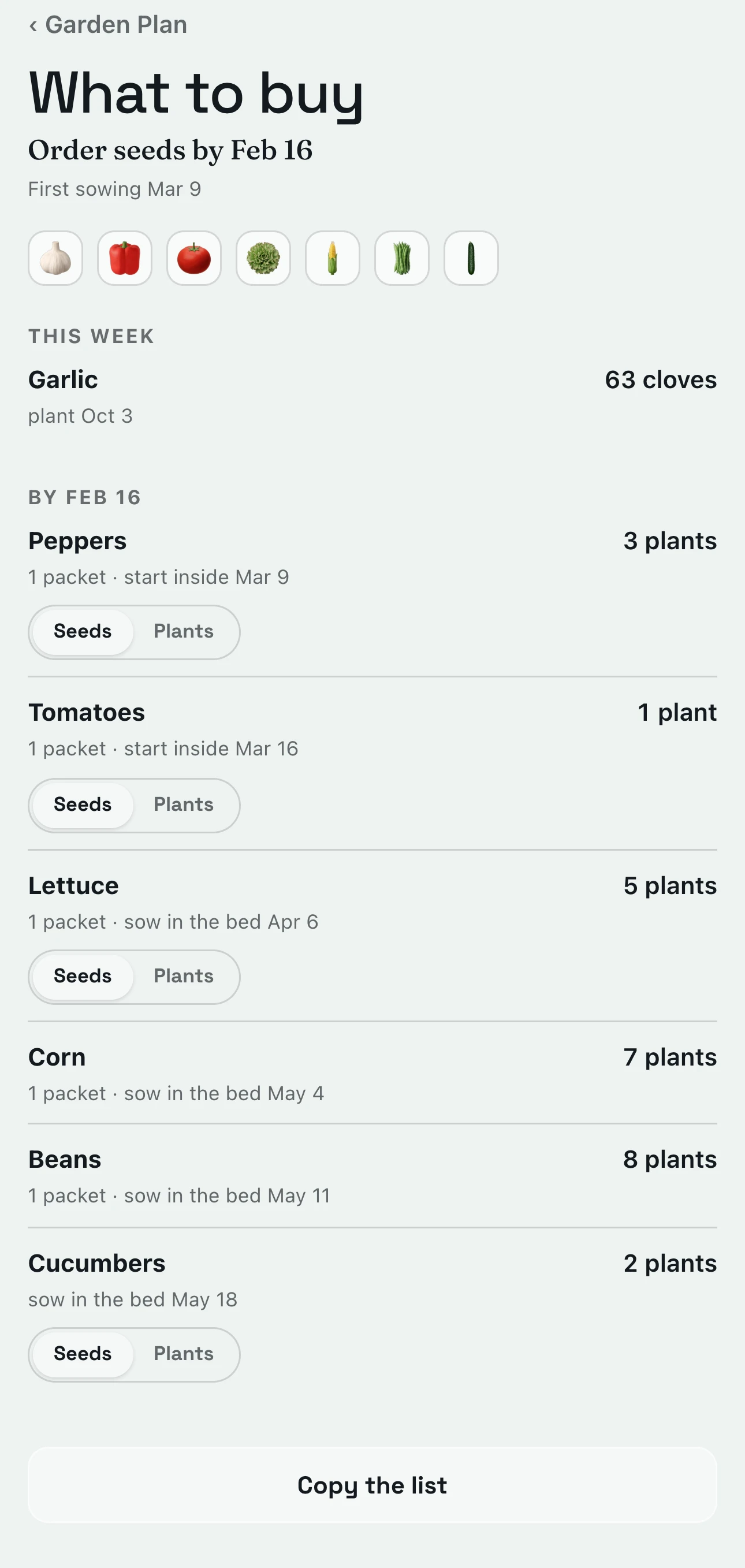 What to buy: order seeds by Feb 16, garlic to plant this week, then peppers, tomatoes, lettuce, corn, beans and cucumbers with how many packets and the day each one starts