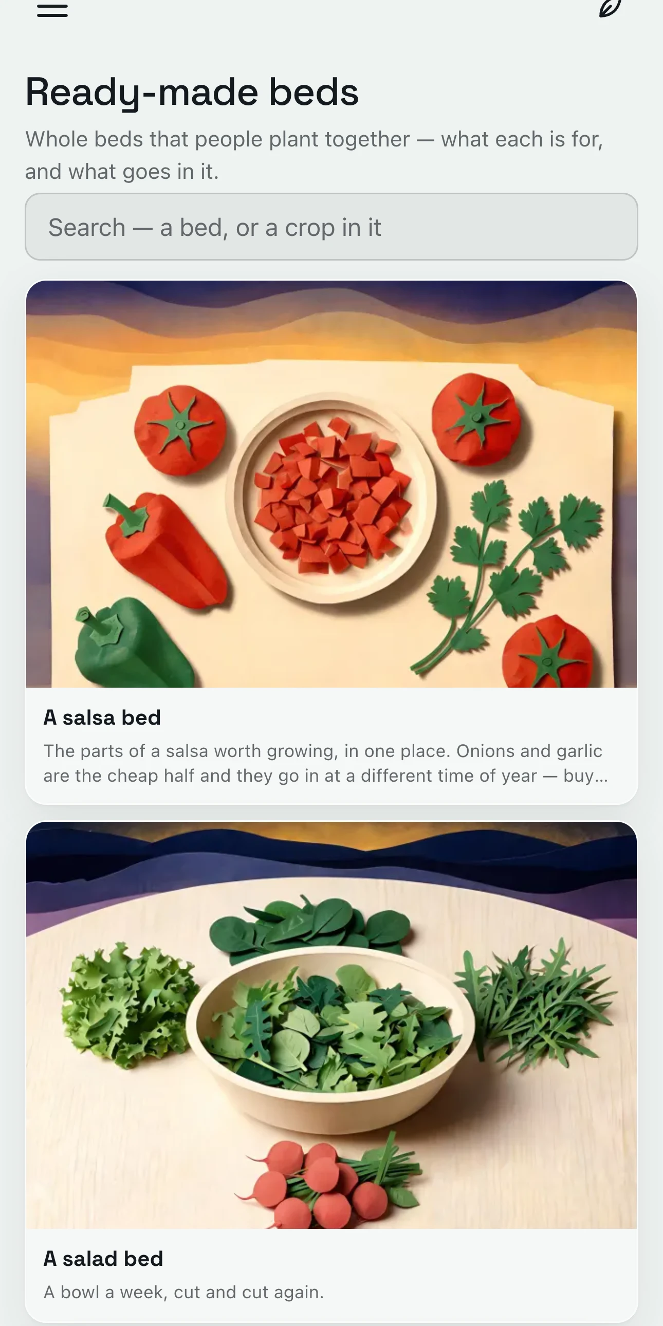 Ready-made beds: a salsa bed and a salad bed, each with a picture and what it’s for