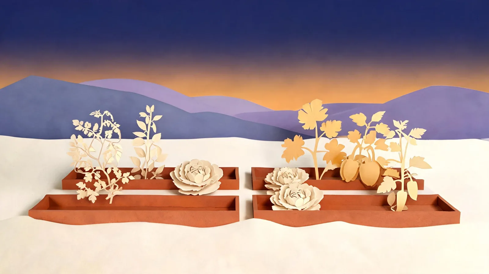 A snowy backyard at dusk, two raised beds with paper outlines of next season’s crops