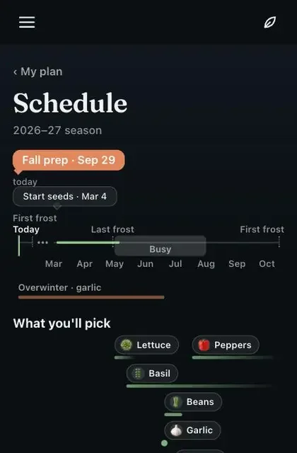 The plan's Schedule screen: seed starts and frost dates