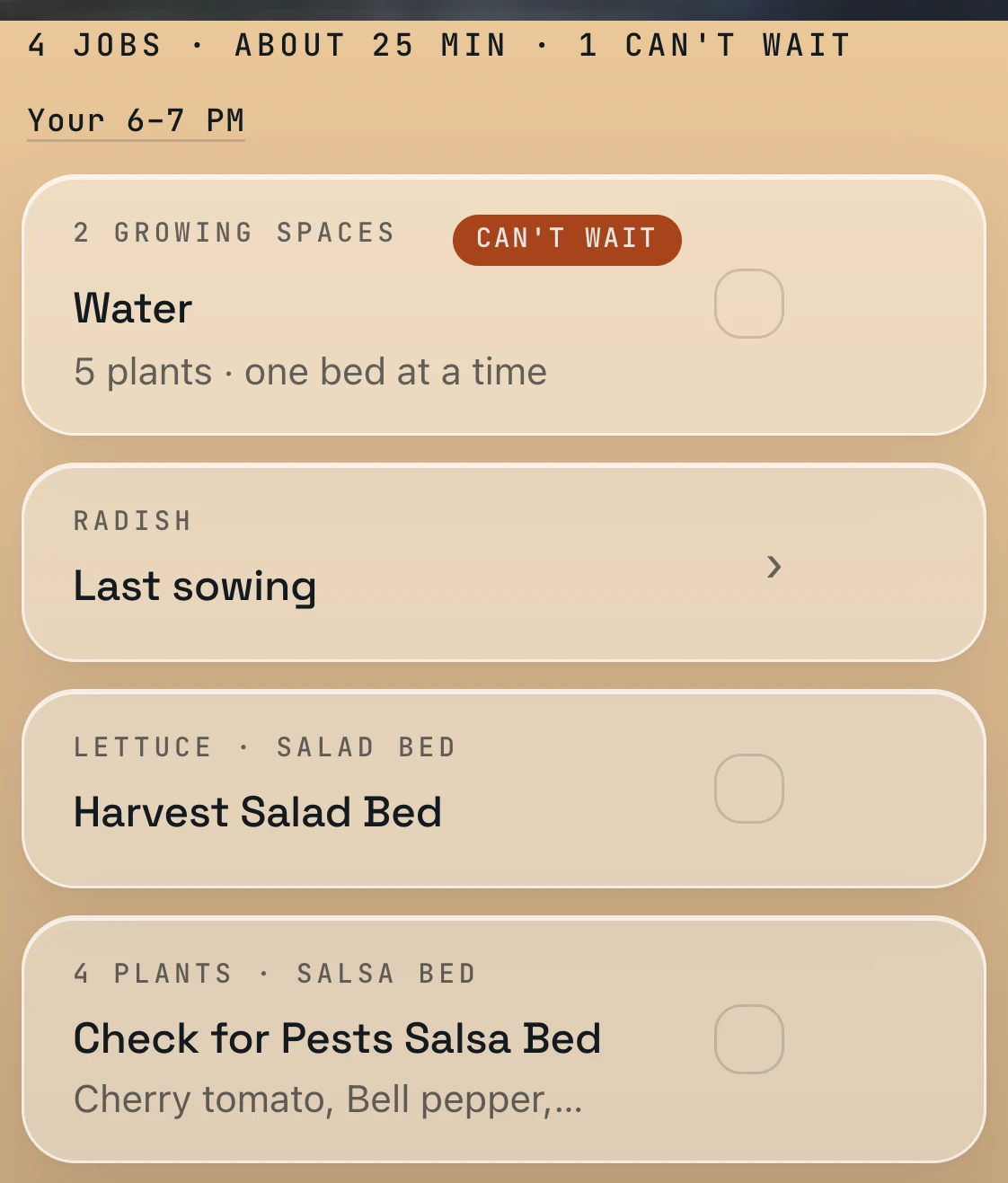 Monday’s jobs on Today: how many, about how long, and how many can’t wait, then watering as one job and the jobs for each bed