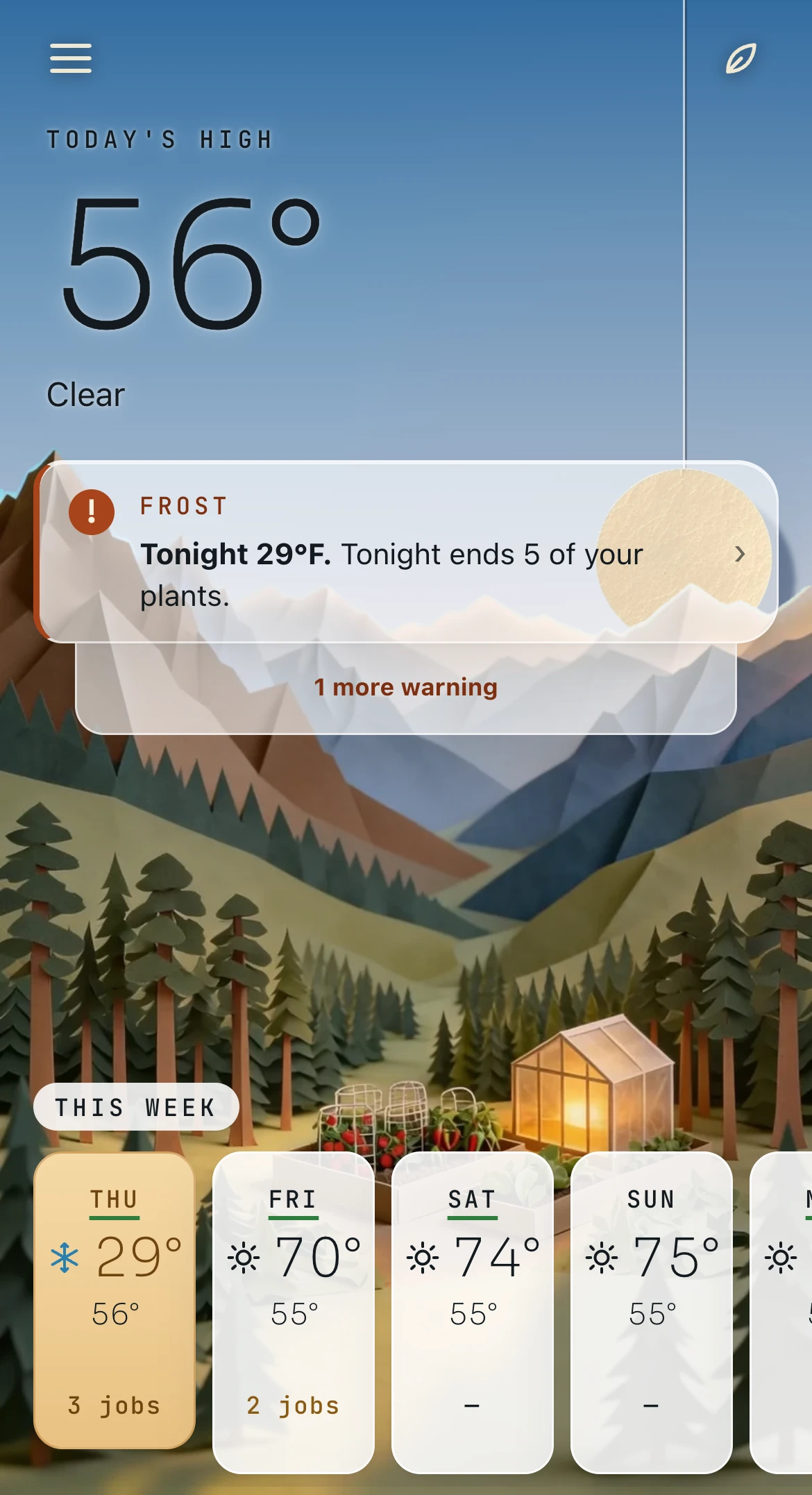 Today on Thursday evening: a clear sky, and a frost warning for 29°F tonight that ends 5 plants