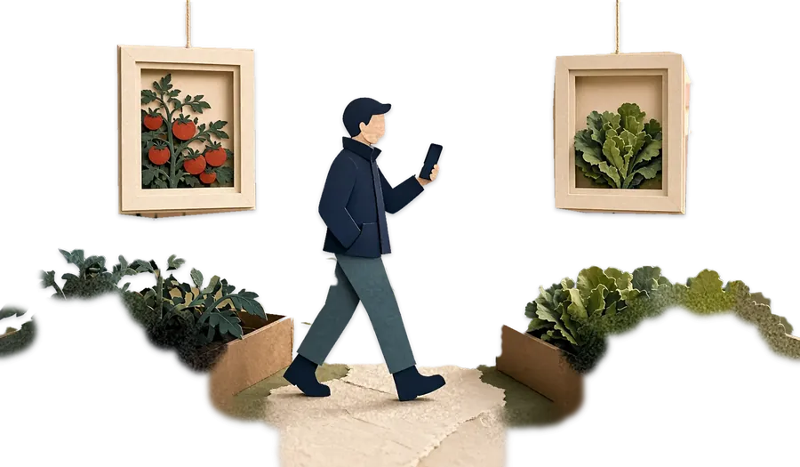 A man walking his garden, phone in hand, between two raised beds
