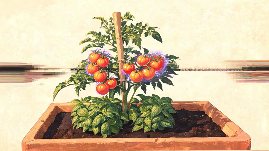 A staked tomato paired with basil at its base in a terracotta bed at golden dusk.
