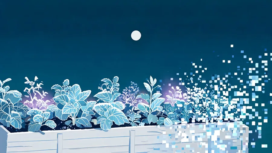 A frost-rimed garden bed at cold blue-hour under a low banded moon.