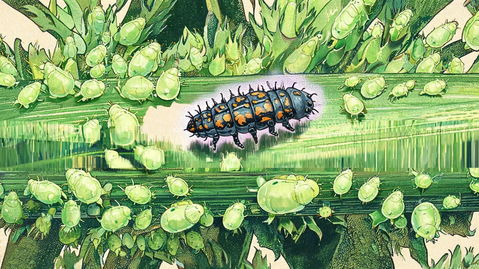 A green stem packed with aphids, and a spiny orange-and-gray ladybird larva working through them, leaving bare stem behind.