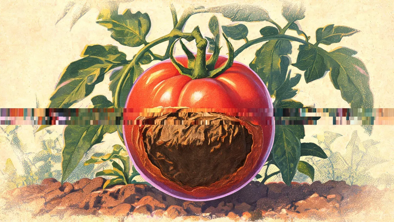 A ripe red tomato hanging on the vine against aged paper. Its top is still glossy and healthy, while the entire lower half is a wide sunken patch of dry, wrinkled dark brown. A band of scattered colored pixels cuts horizontally across the fruit where the red meets the brown.