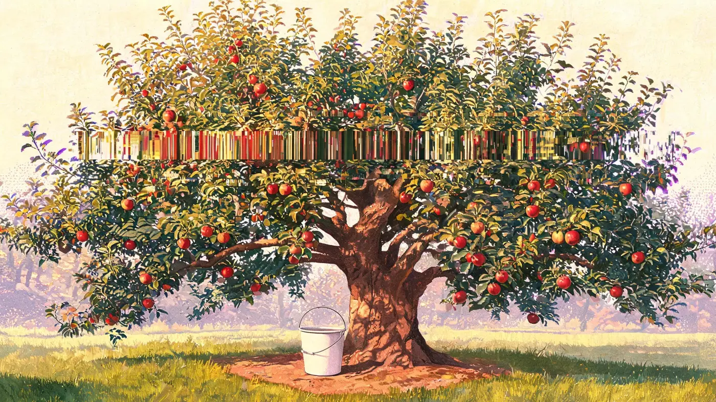 A full-grown apple tree loaded with red fruit spreading across the whole frame, with one small white five-gallon bucket standing at the foot of its trunk, dwarfed by it.