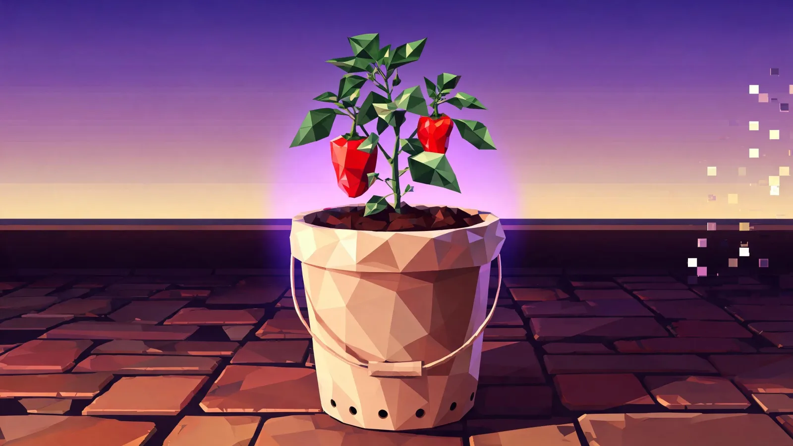 A five-gallon bucket planted with a young pepper plant carrying two ripe red peppers, standing on patio bricks with drainage holes visible in its base.