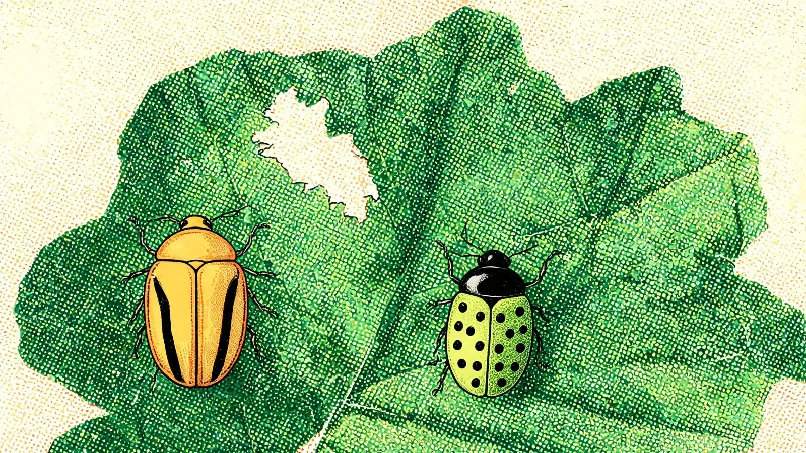 Two beetles on a green squash leaf with one chewed hole above them, seen from above against cream paper. The left beetle is yellow-orange with three black stripes — one down the center seam and one on each wing case. The right is yellow-green with about twelve small black spots and a solid black head.