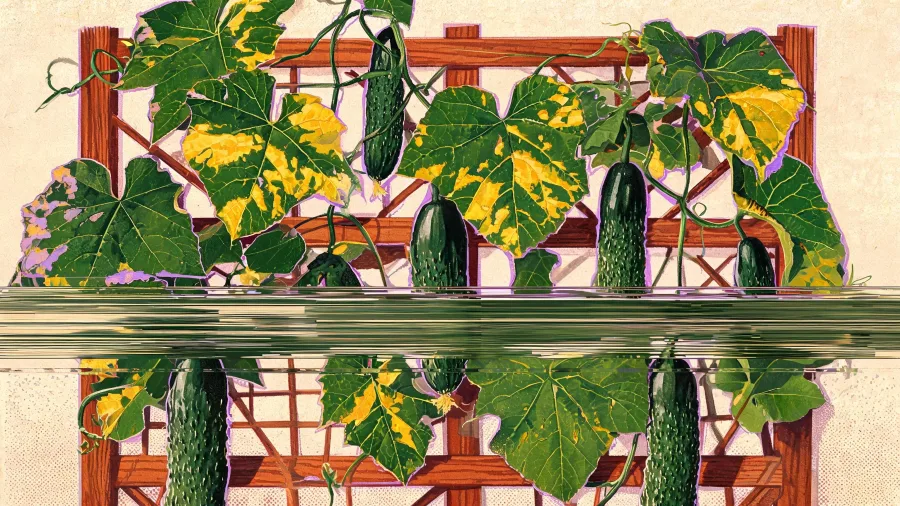 A cucumber vine climbing a wooden trellis, its big leaves patched with angular yellow blotches that stop dead at the veins, with dark green cucumbers hanging from it.