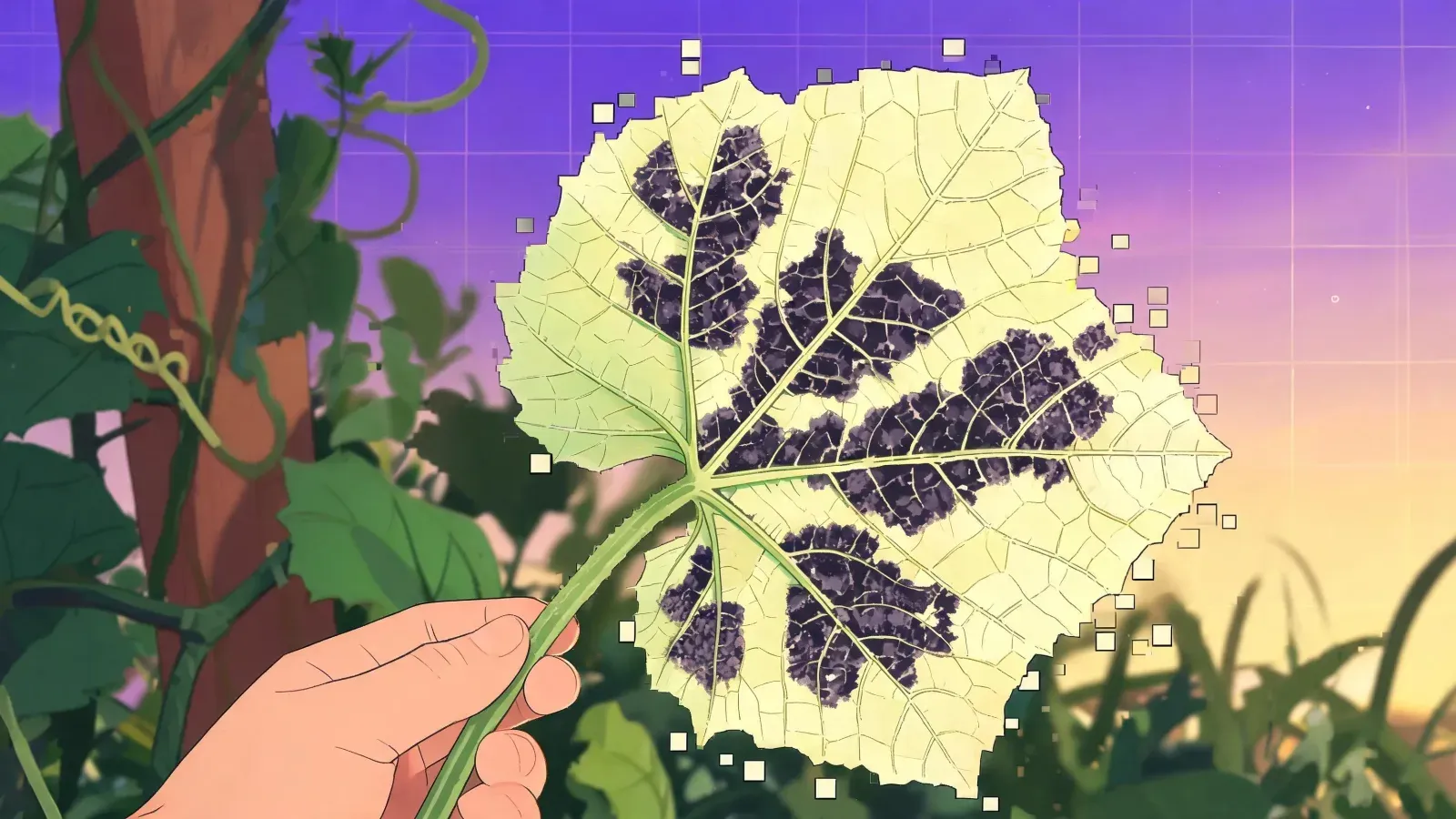 A large cucumber leaf held by its stalk and turned over to show the pale underside with its veins standing out. Dark purple patches of fuzzy growth spread across it, each one stopping in a straight line where it meets a vein. A cucumber vine and trellis post stand behind.