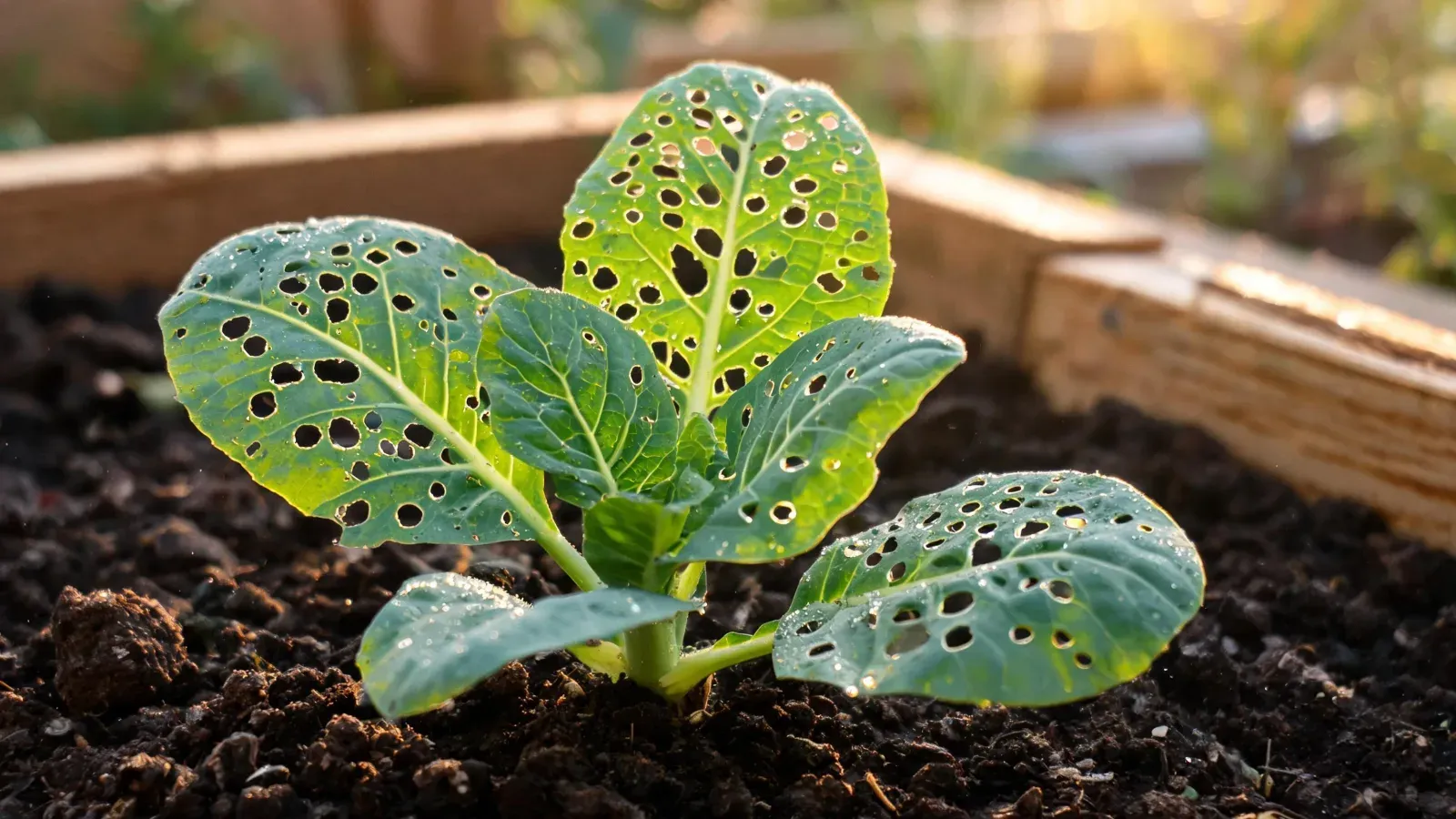 A young cabbage-family seedling in a raised bed of dark soil, its leaves peppered with dozens of small round holes chewed clean through.