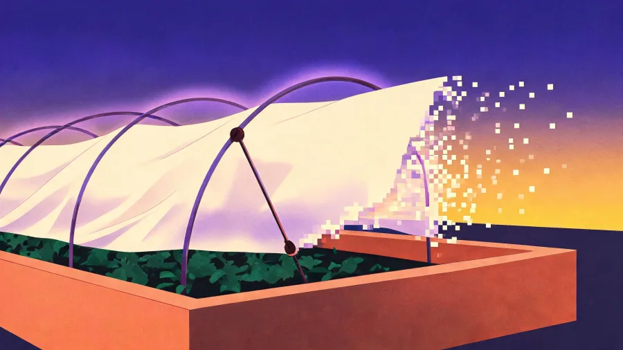 A white row cover stretched over metal hoops along a raised bed of greens at dusk, the far end breaking apart into scattered squares.