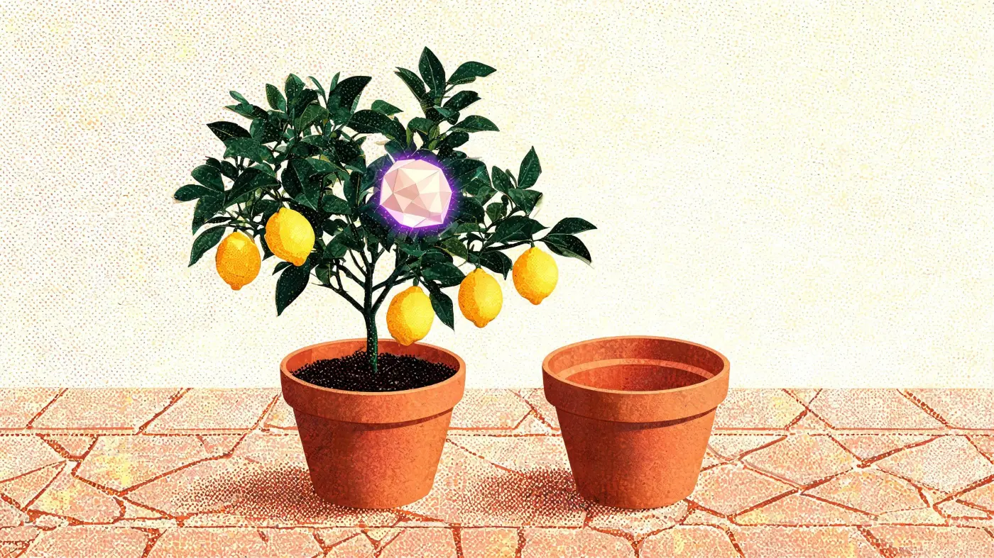 A young lemon tree carrying ripe yellow lemons in a terracotta pot on a tiled patio, one of the lemons rendered as a pale faceted gem, with a second empty pot standing beside it.