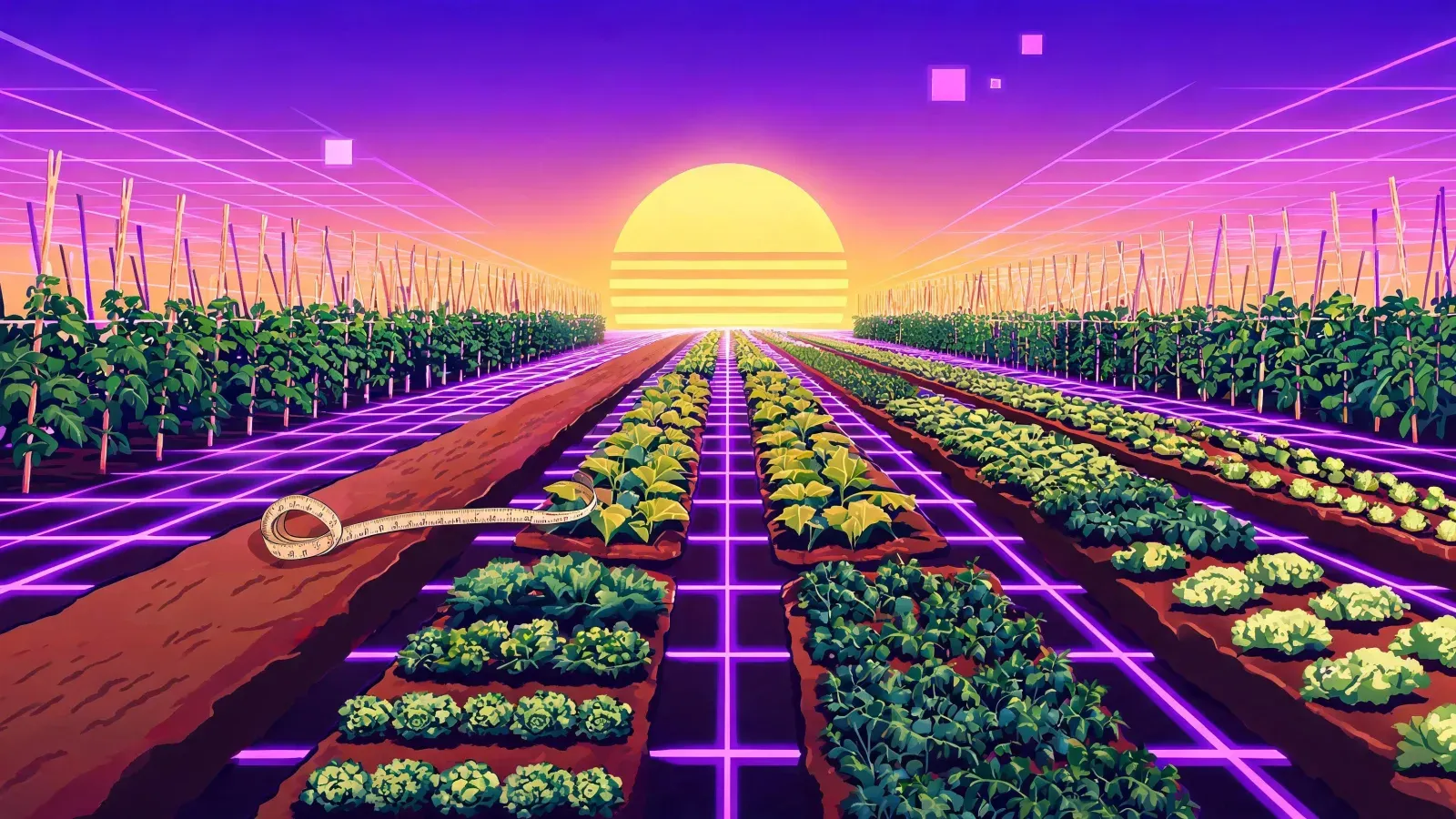 A vegetable plot at sunset, seen down its length. Long rows of lettuce, cabbage and squash run away toward a low banded sun, with staked tomatoes standing along both sides. Wide strips of bare reddish soil separate every row, and a tape measure lies unrolled across one of them.