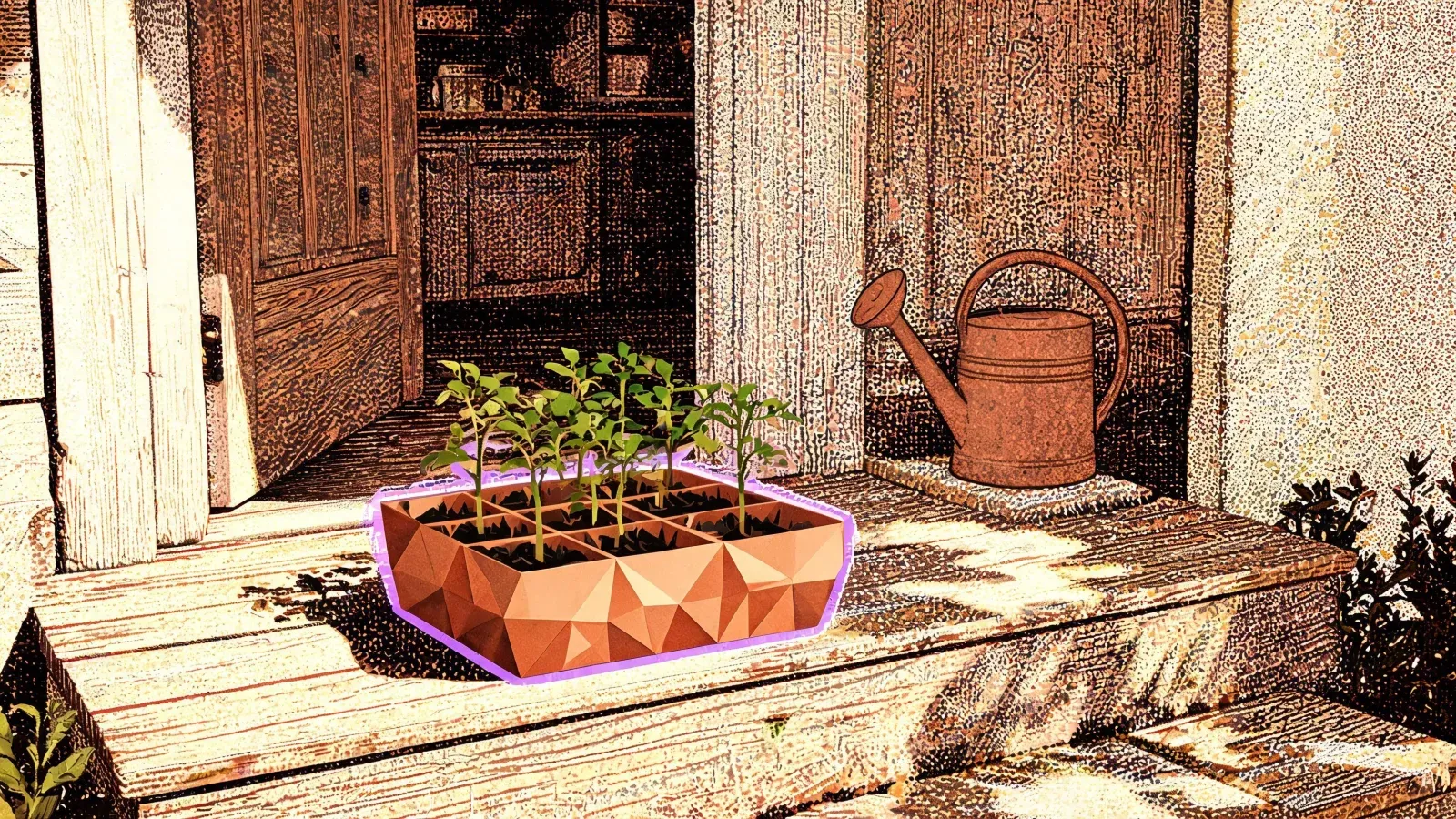 A terracotta seed tray of young tomato seedlings standing on sunlit wooden porch steps beside a metal watering can, with a house door open behind them.