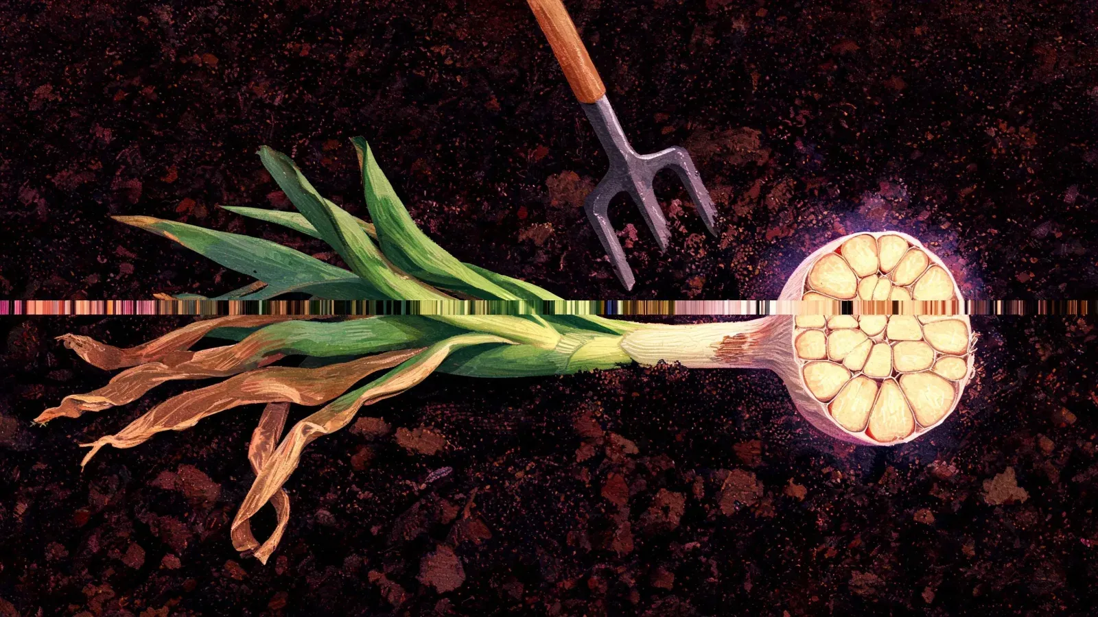 A lifted garlic plant on dark soil with brown lower leaves and green upper ones, its bulb cut open to show full cloves.